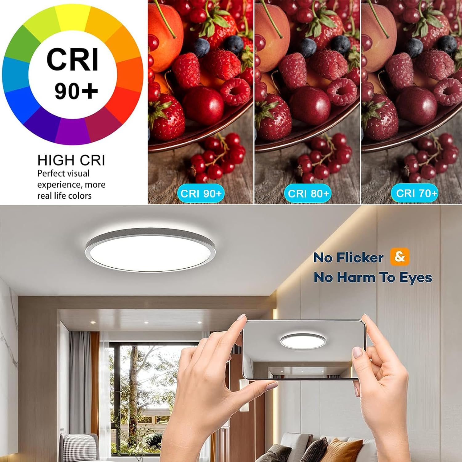 LED Flush Mount Ceiling Light Fixture, 12 Inch 30W round LED Ceiling Lights, Dimmable 3000K-4500K-6500K Selectable, for Bathroom Laundry Bedroom Hallway Livingroom Office image number 2