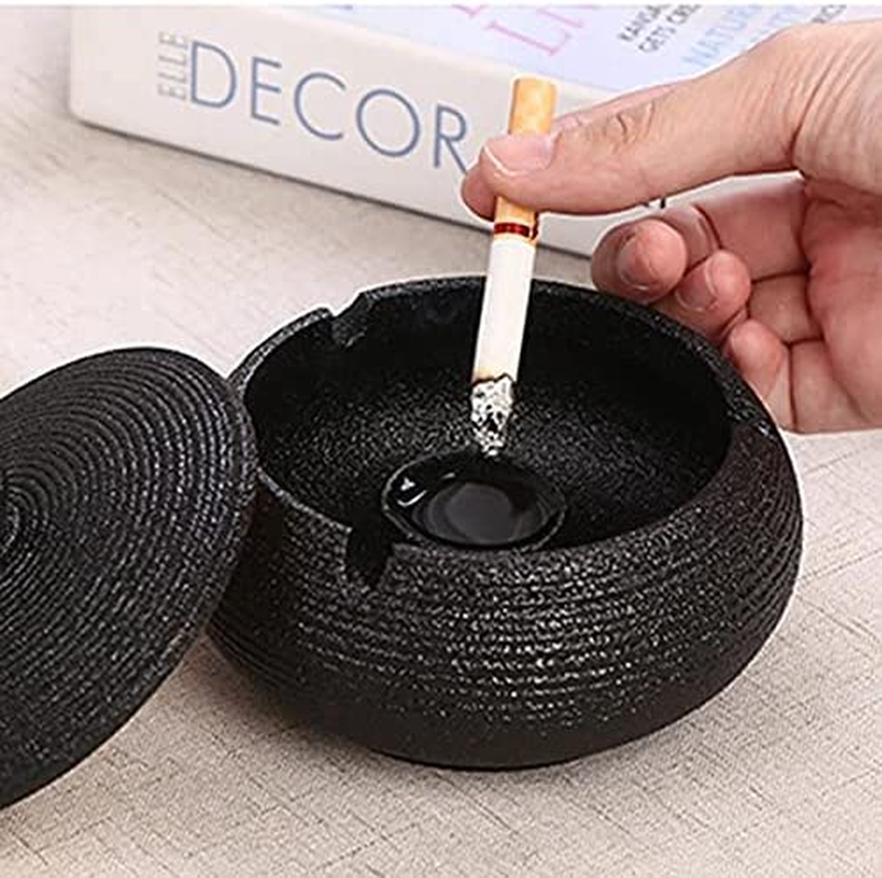 Ceramic Ashtray with Windproof Lid for Indoor Outdoor Use -Black image number 2