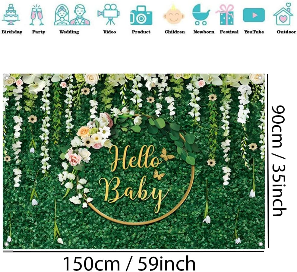 Hello Baby Background for Baby Shower Green Leaves Gender Neutral Children Photography Background Newborn Party Decoration Banner Shooting Prop 150 Cm X 90 Cm image number 1