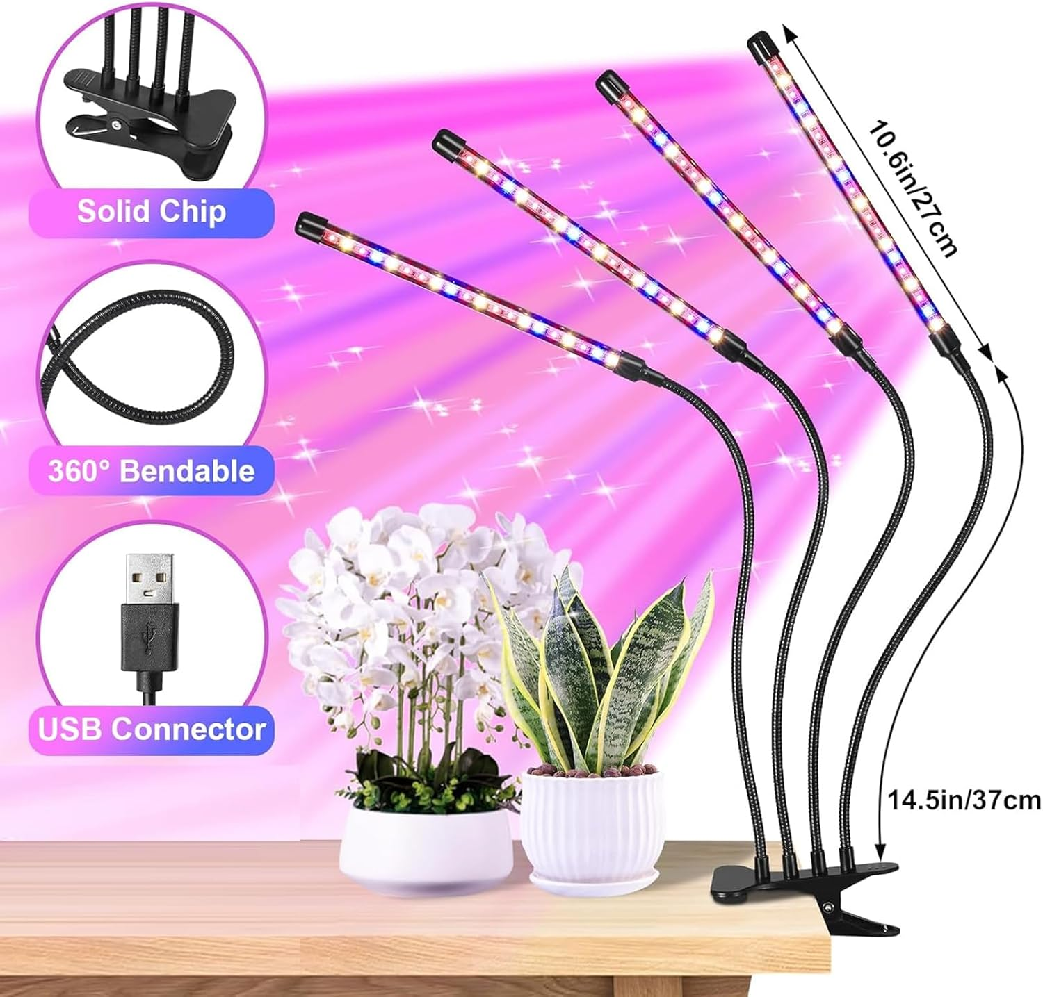 Grow Lights for Indoor Plants Full Spectrum, with 3/9/12H Timer, 9-Level Dimming & 3 Light Modes, Adjustable Gooseneck for Seedlings, Succulents, Hydroponics (Black) image number 3