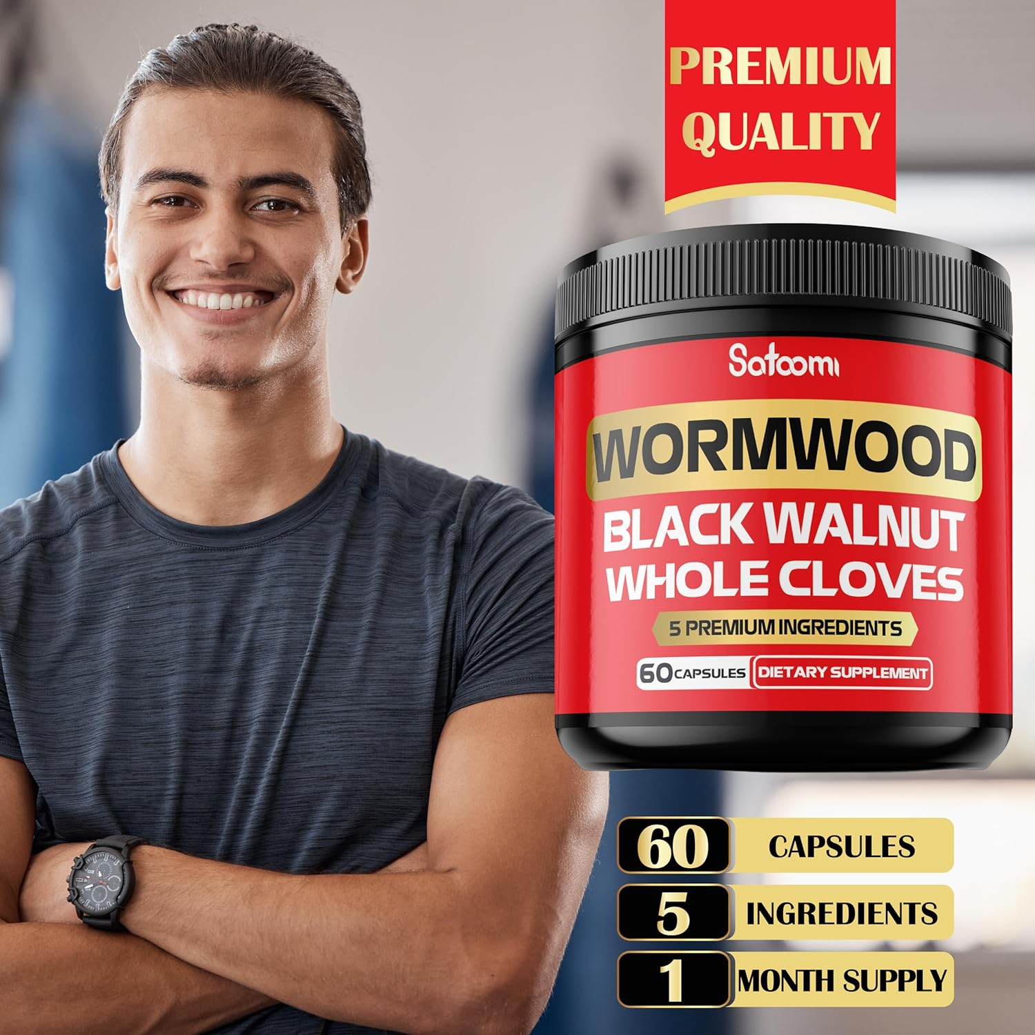 5 in 1 Wormwood Capsules Supplement - Extracted from Black Walnut, Whole Cloves, Turmeric and Berberine Hcl - Immune System & Digestion Health - 60 Capsules image number 1