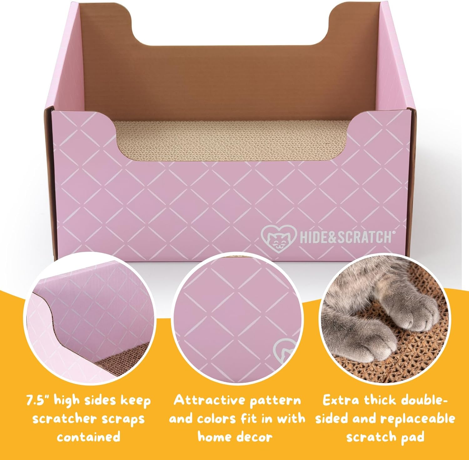 Hide & Scratch Cardboard Cat Scratcher Box & Bed - Light Pink Diamond | Double-Sided Corrugated Pad for Indoor Cats | Refillable Scratching Board Toy for Play & Furniture Protection