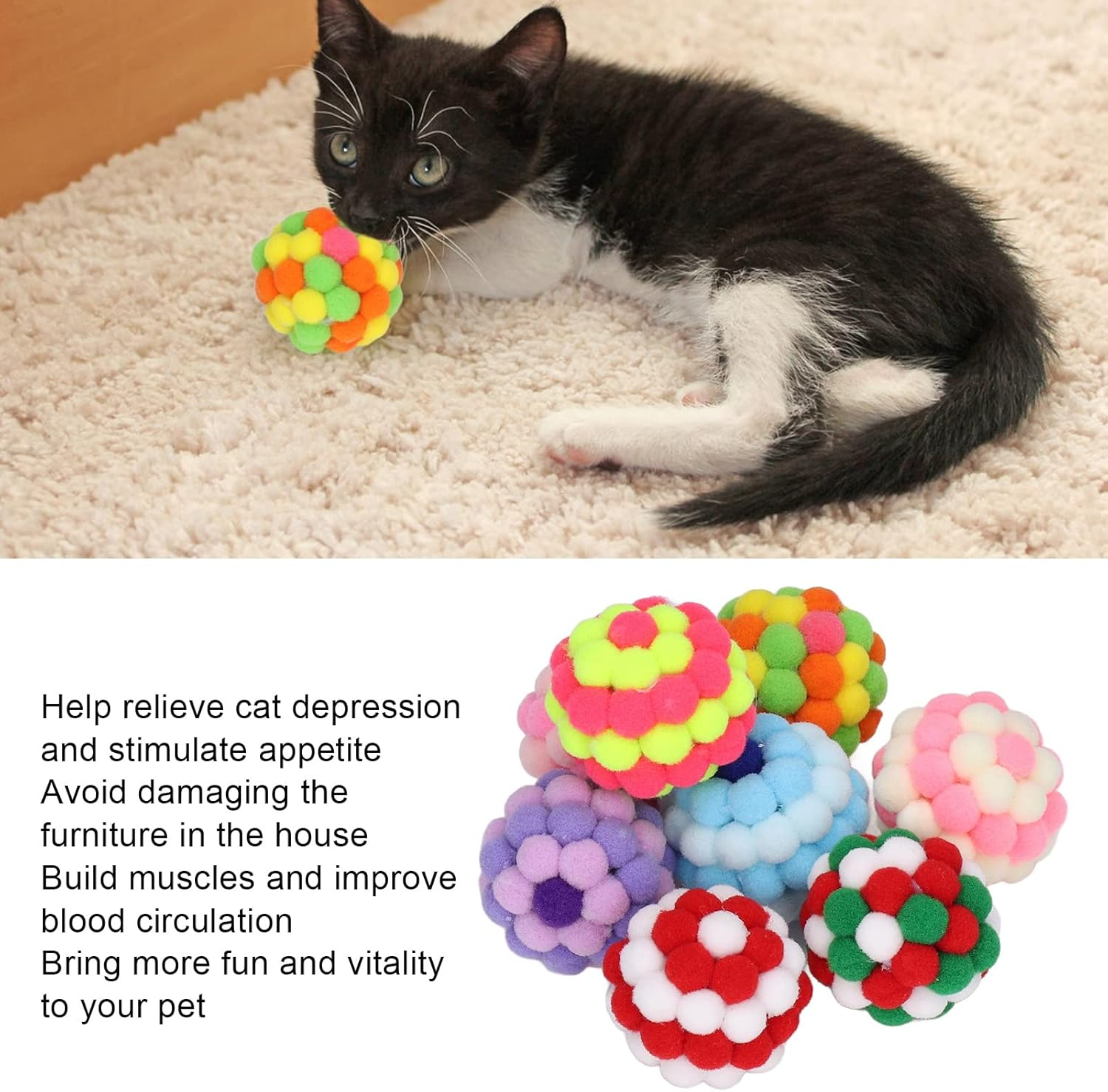 EVTSCAN Cat Ball Toys Elastic Soft Colorful Interactive Chasing Chewing Plush Bell Ball for Kitten 8Pcs image number 5