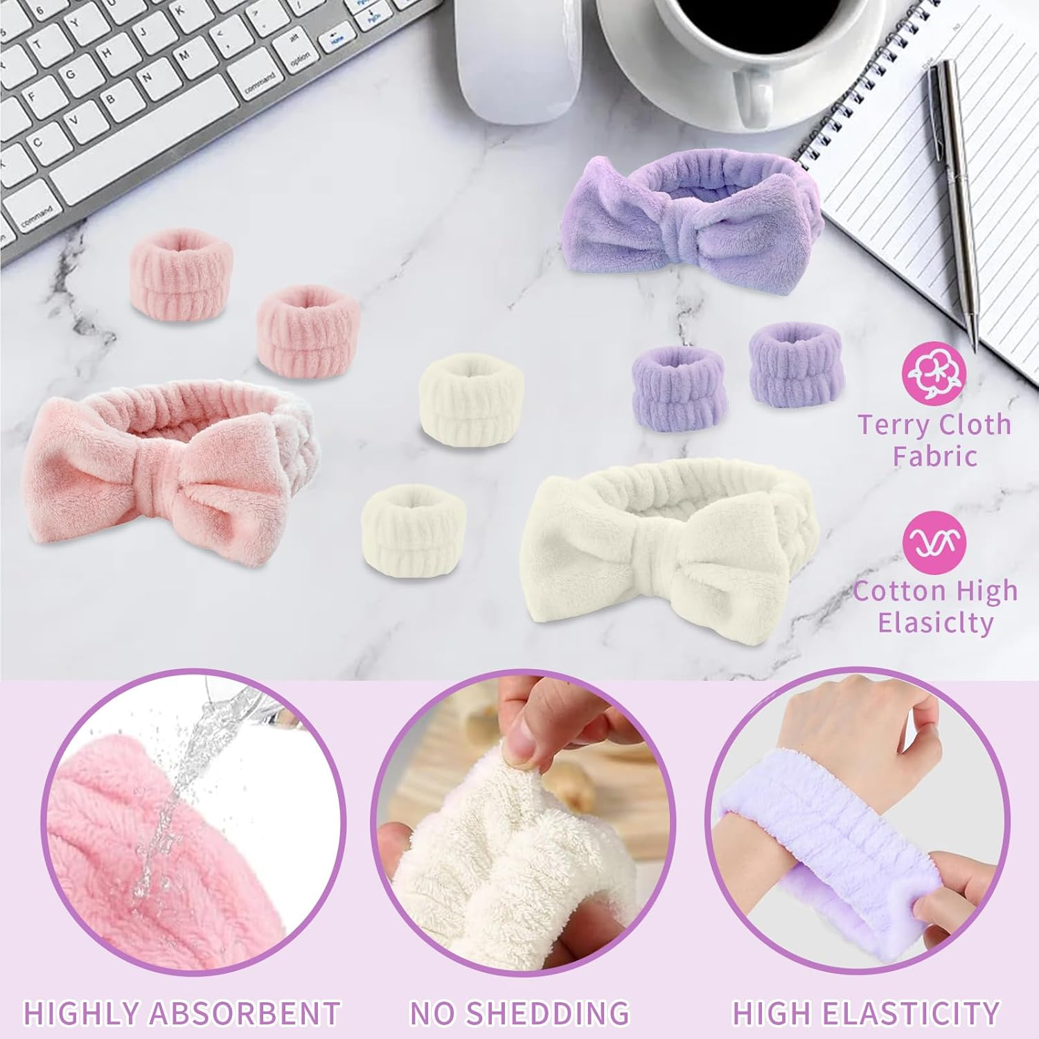 9 Pcs Skincare Headband, Soft Facial Makeup Hairband Wrist Bands for Face Washing SPA Shower Makeup Headband Wristbands image number 3