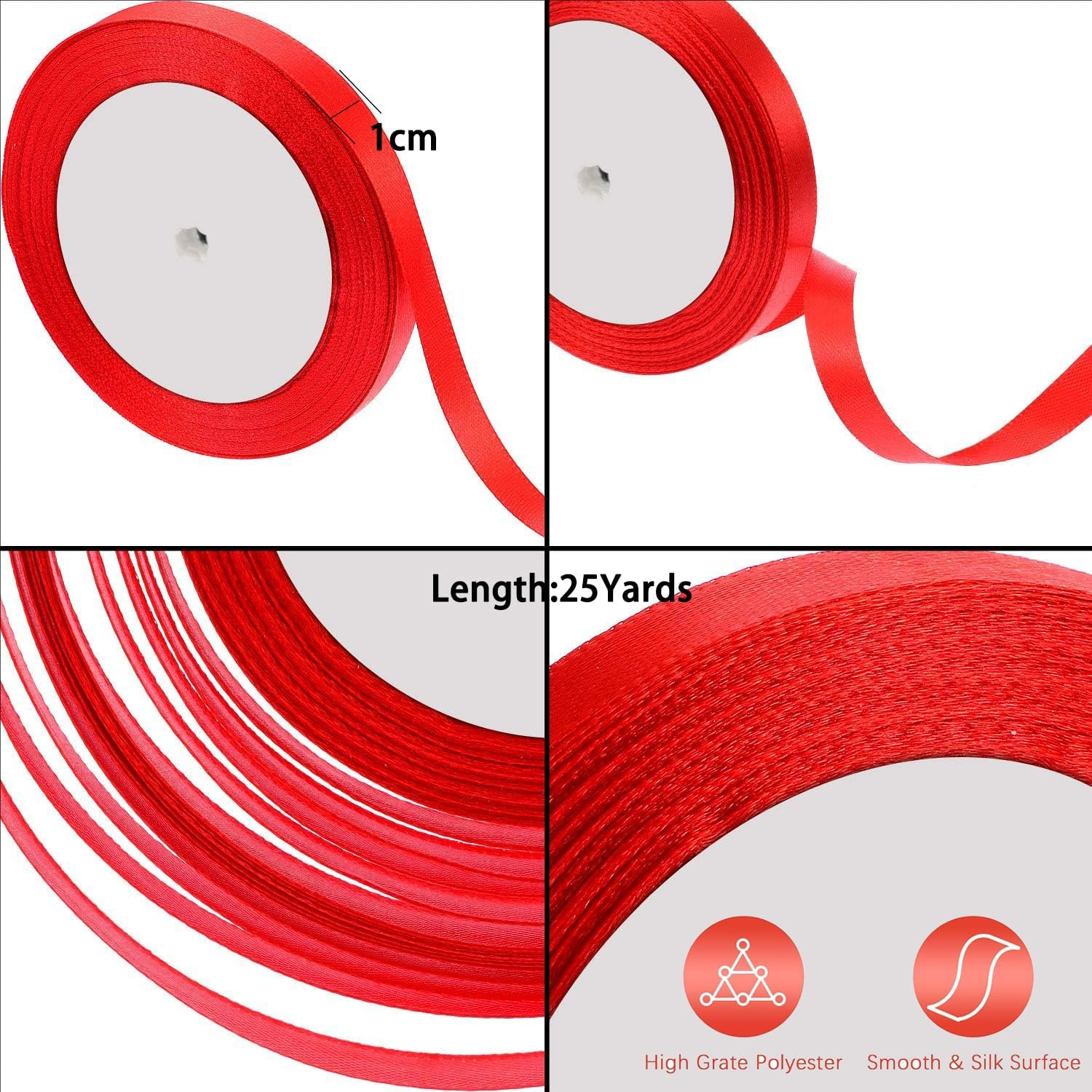 Red Ribbons for Crafting Christmas Ribbon for Hair Satin Ribbon Silk Ribbon for Gift Wrapping Hair Ribbons for Women 3/8 Inch X 25 Yards