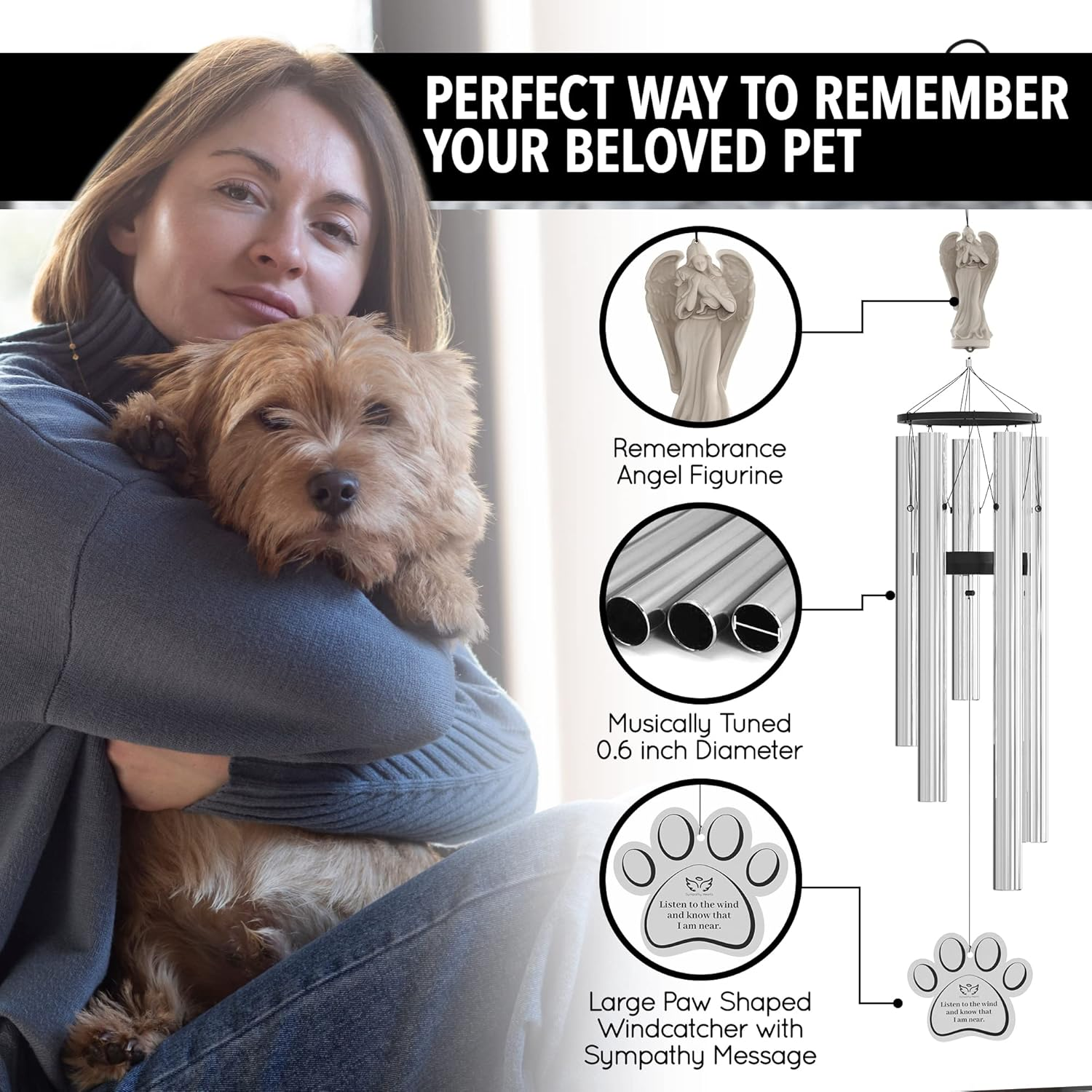 Dog Memorial Wind Chime for Loss of Dog - 34" Pet Memorial Wind Chimes for Dogs, Angel of Friendship Wind Chimes for Loss of Pet Dog, Windchimes in Memory of a Pet Dog