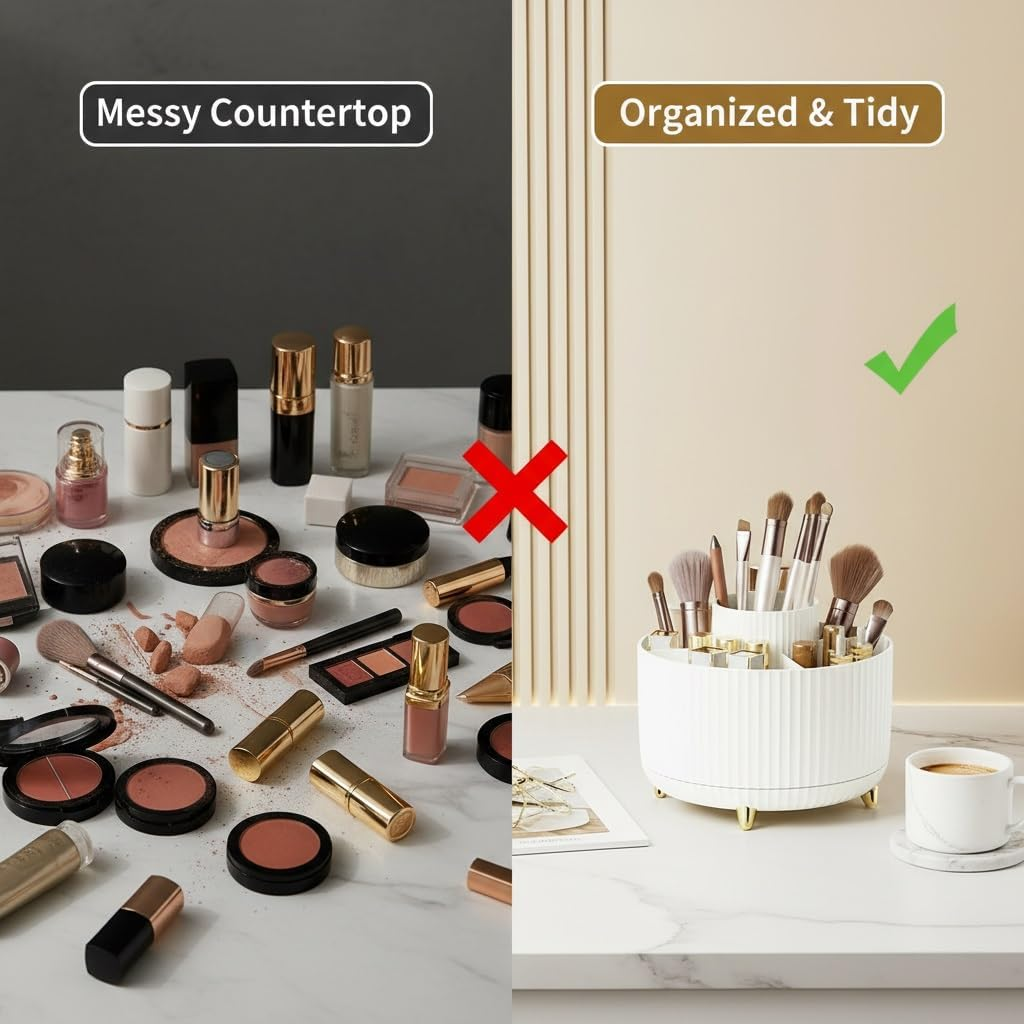 Spinning Makeup Brush Holder, 360&deg; Rotating Makeup Brush Organizer with 5 Slots, Large Capacity Cosmetic Storage Cup for Makeup Brushes, Lipsticks, Nail Polish, Bathroom Vanity Organizer(Pure White) image number 2