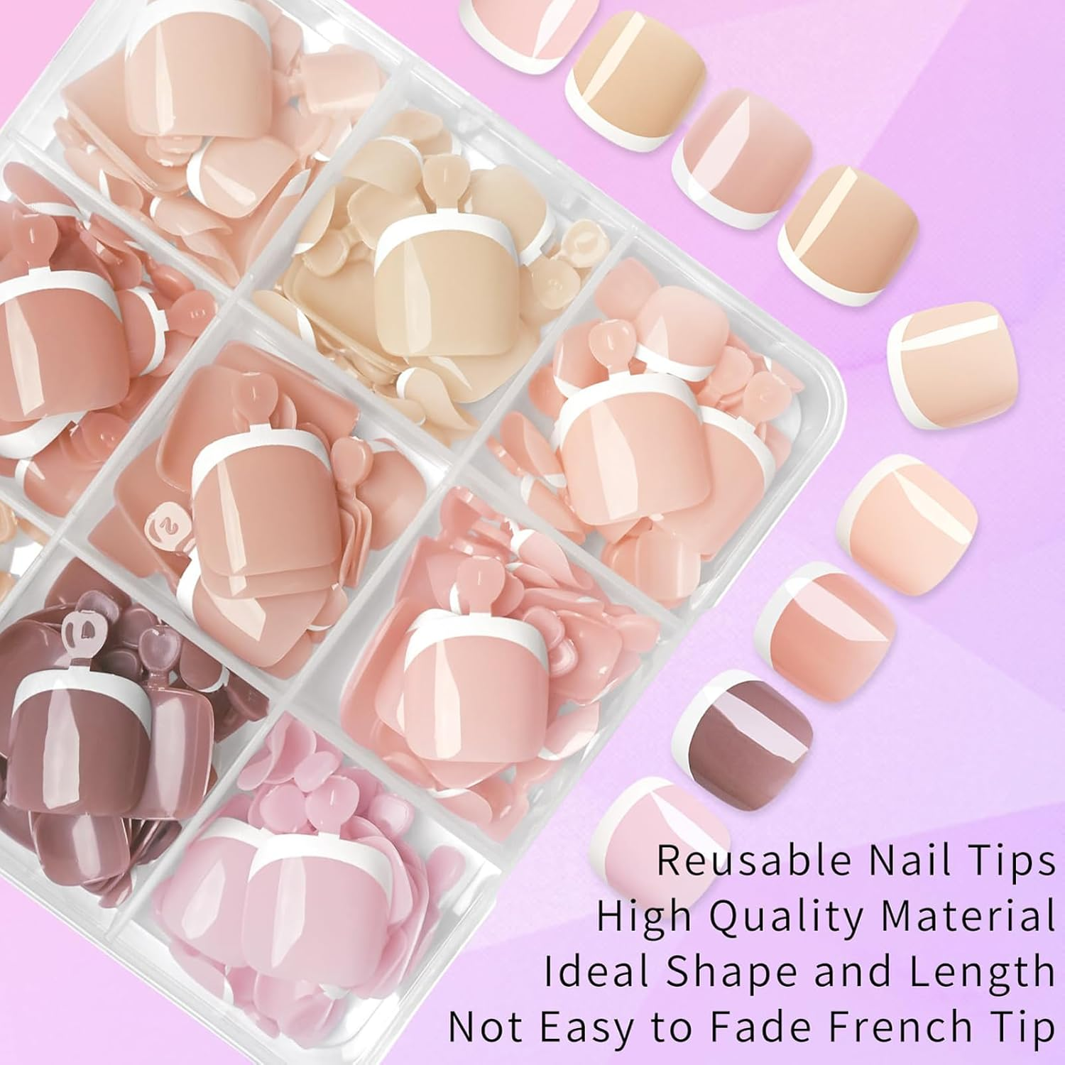 216 PCS Press on Toenails,French Tip Fake Toenails & Toe Nail Tips,Short Square Press on Nails,Odourless Gel Full Cover False Nails & Nail Extensions for Women Girls Home DIY - Color-03 Point Pink image number 2