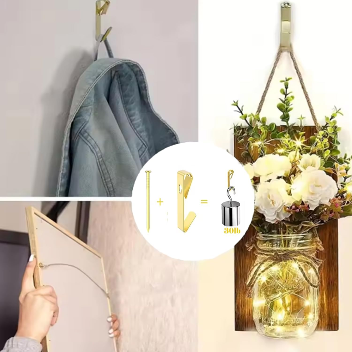 Roczential 50Pcs Picture Hooks for Wall Hanging Kit with Nails 30 Lbs Picture Rail Hooks for Photo Frames, Includes Sawtooth/D Ring/Screw Eyes, Ideal for Drywall Home & Office(Gold) image number 3