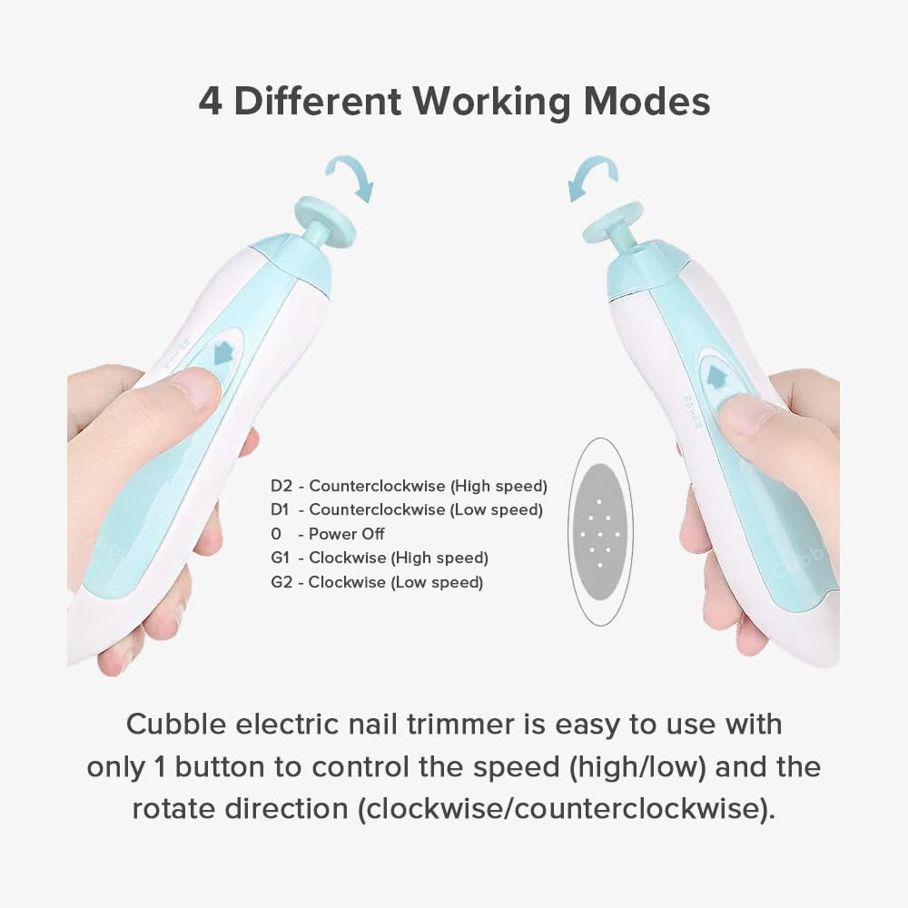 Safe and Quiet Electric Newborn and Toddler Nail Trimmer with LED Lights, 6 X Nail Trimmer Pads and 4 Speed Modes, AA Battery Operated (Blue) image number 2