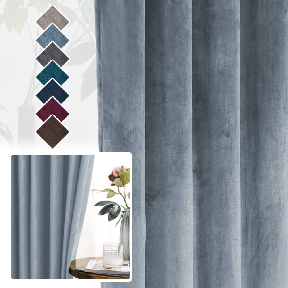 Luxury Velvet Curtains for Bedroom/Living Room Darkening Ultra Thick Soft Velvet Window Curtain Draperies Home Decoration Eyelet Curtains Pair 2 Pieces, Each W132Cm X D213Cm, Stone Blue image number 2