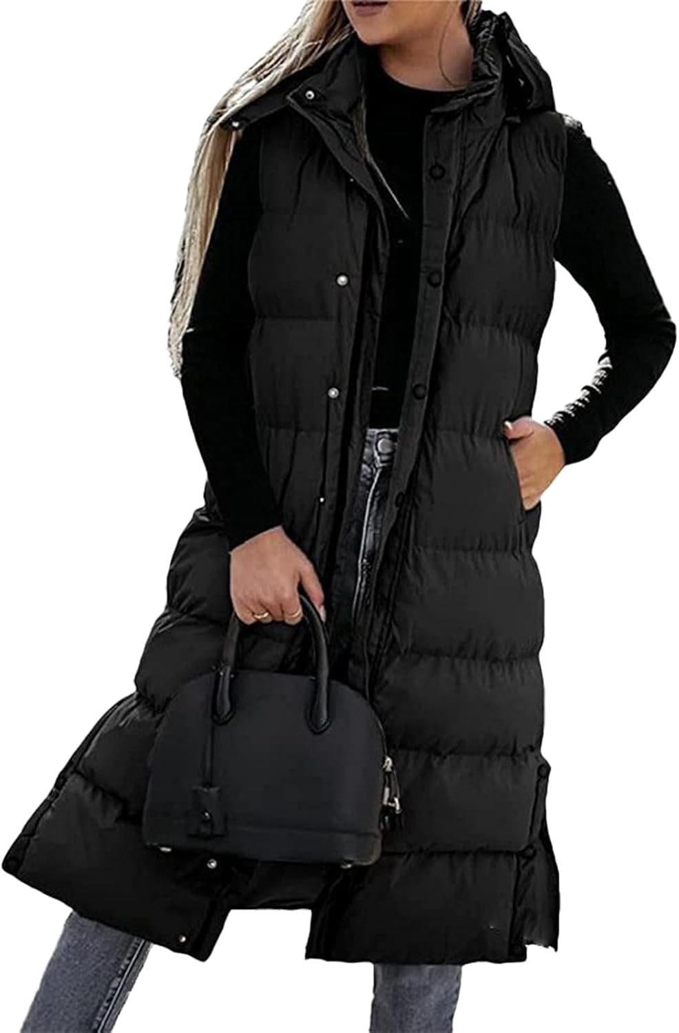 Long Puffer Vest Women, 2025 Hooded Button down Quilted Vest Women, Fashionable Versatile, Lightweight Puffy
