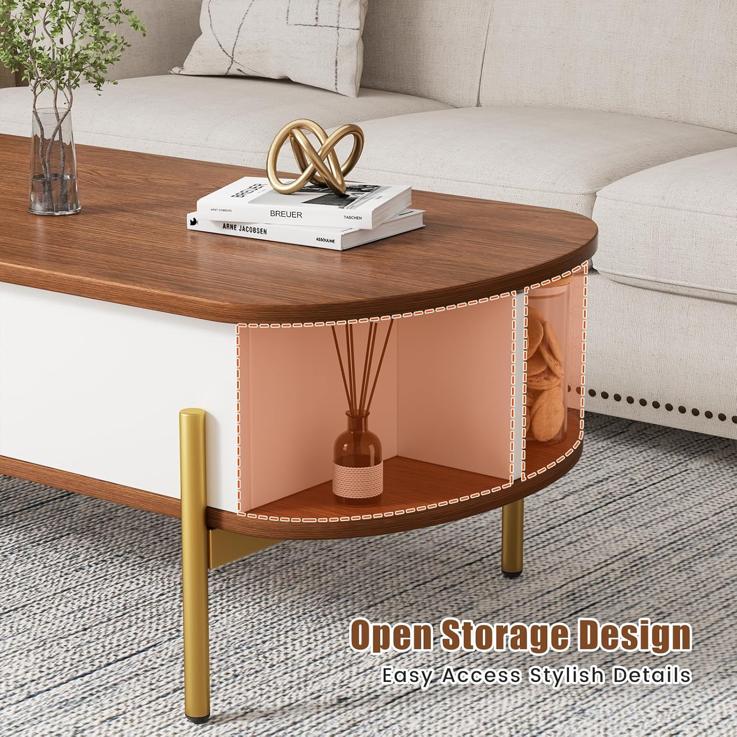 ALLSTAND 48" Oval Lift Top Coffee Table with Storage Metal Legs & Large Hidden Compartment, Coffee Table with Lifting Top with Open Shelf, Lift Coffee Table with Wooden Lift Tabletop for Living Room image number 2