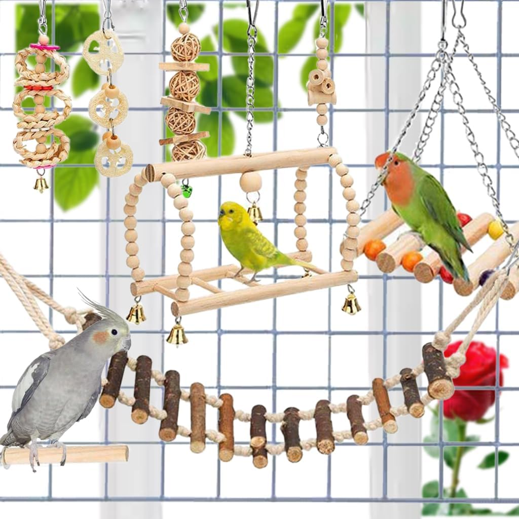 8 Pcs Bird Parrot Swing Toys, Chewing Standing Hanging Perch Hammock Climbing Ladder Bird Cage Toys for Parakeet,Budgerigar,Conure, Mynah, Cockatiel,Love Birds, Finches and Other Small to Medium Birds