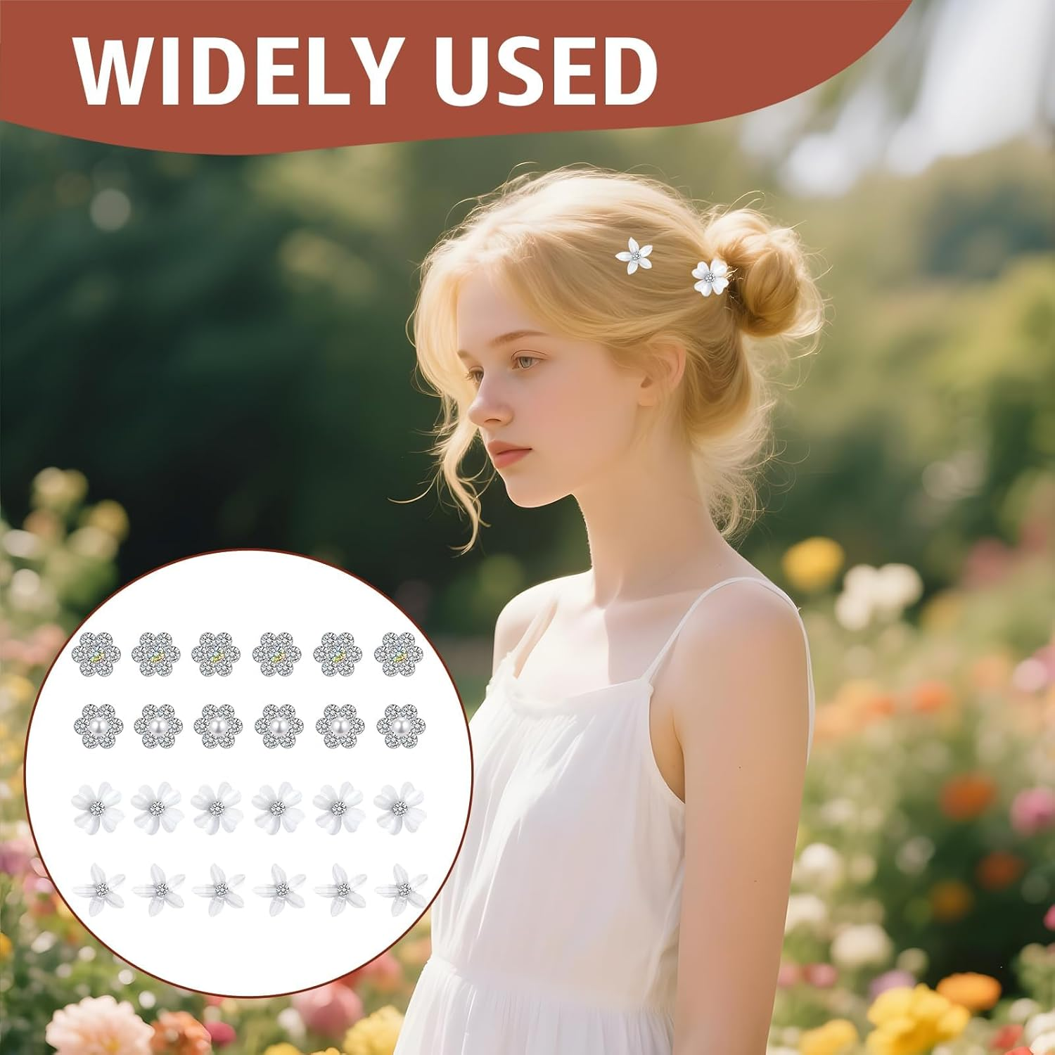 Pack of 24 White Small Flowers Hair Clips, Mini Cute Rhinestone Metal Hair Pins for Women, Decorative Hair Clips Flowers Hair Accessories for Girls Ladies Bridal Hair Clips (4 Floral Patterns)