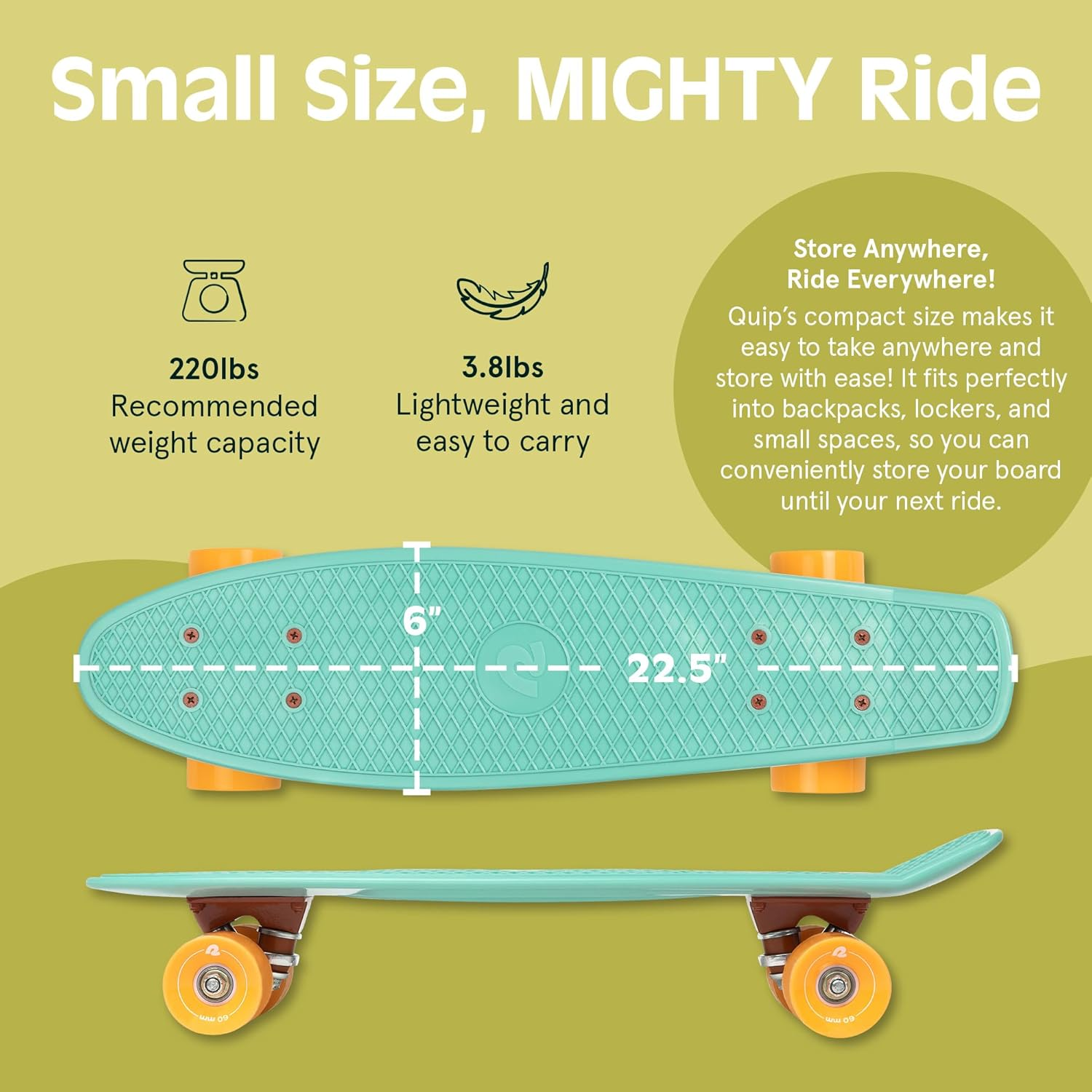 Retrospec Quip Mini Cruiser Skateboard 22.5" and 27" Classic Retro Plastic Cruiser Complete Skateboard with ABEC 7 Bearings and PU Wheels Compact Board with Grippy, Molded Waffle Deck image number 4