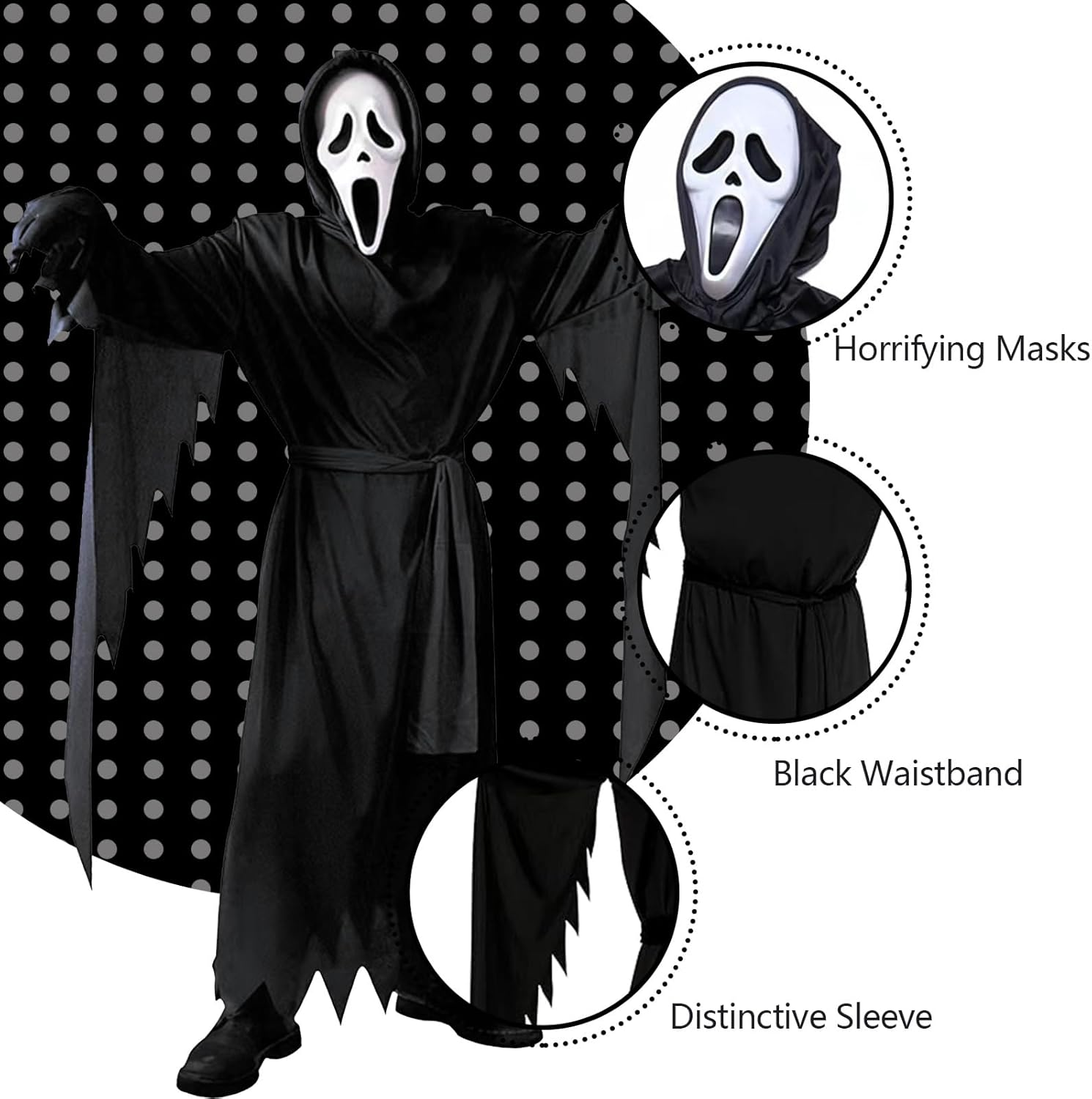 Scary Scream Costume Gostfaceing Costume Black Robe with Mask Mens Costume Halloween Cosplay Costume image number 2