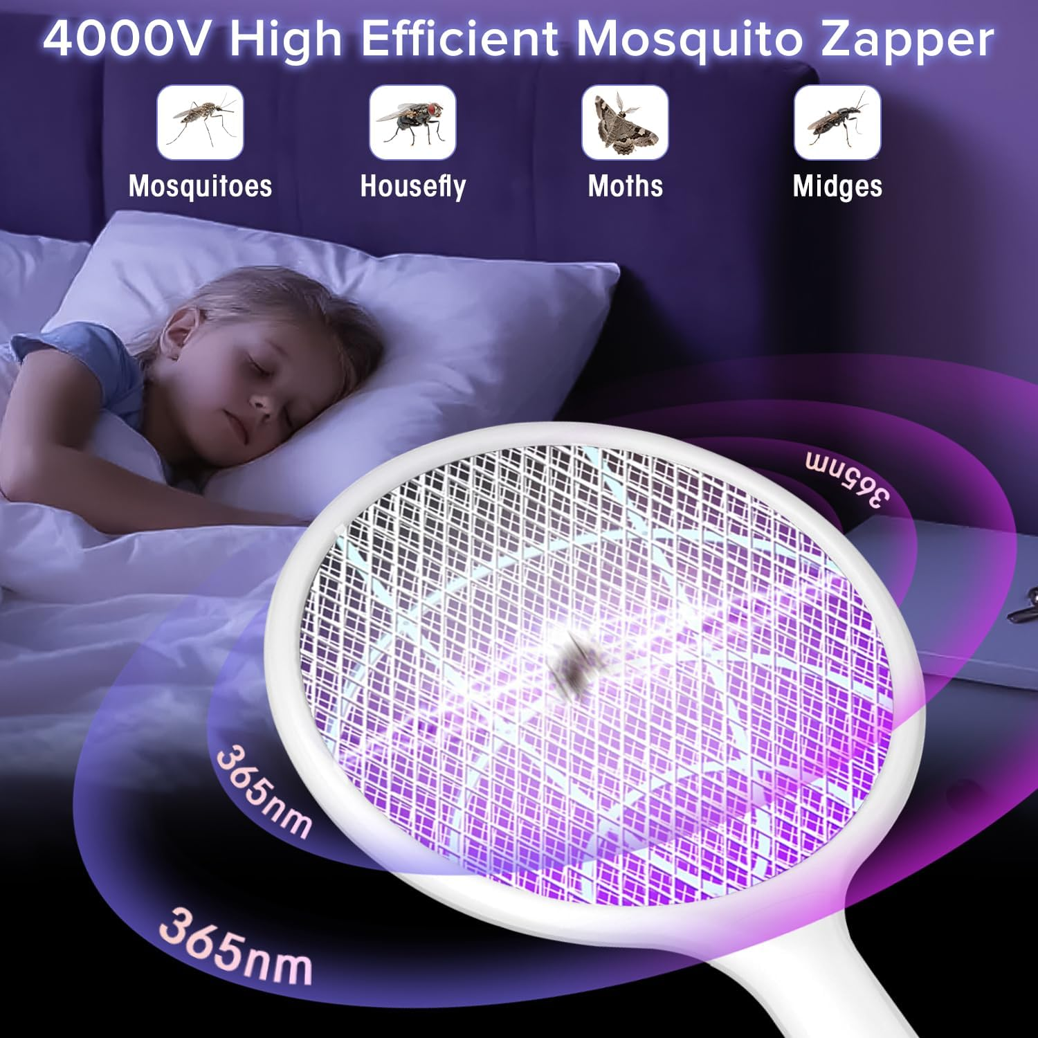 2000Mah Electric Fly Swatter, Yakiter 4000V Bug Zapper Racket with USB Rechargeable Base, 3-Layer Safety Mesh, 2-In-1 Powerful Mosquitoes Killer Lamp & Fly Killer for Indoor Outdoor (White) image number 3