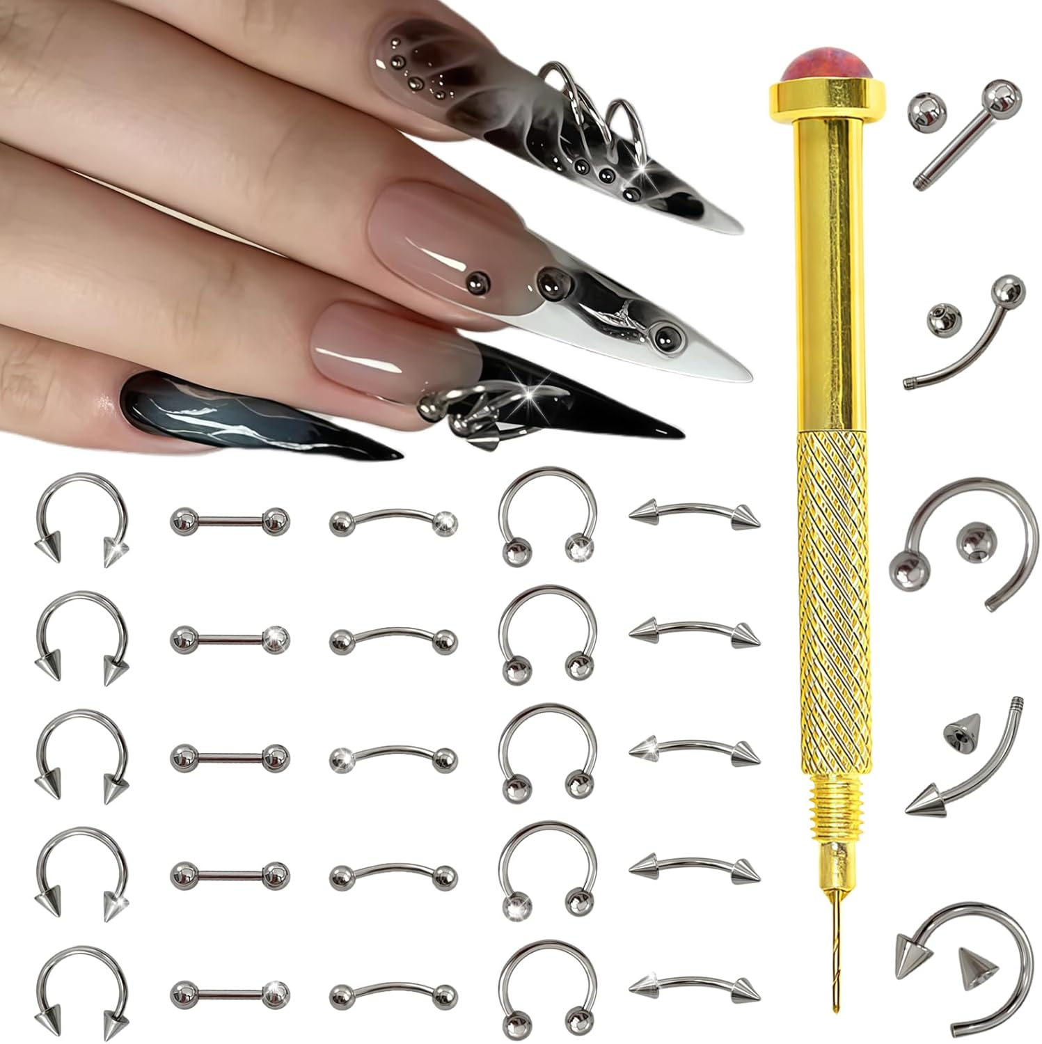XEAOHESY 25 Pieces Platinum-Colored Alloy Nail Piercing Charms Nail Piercing Rivet Set with Piercing Tool Punk Y2K Piercing Nail Charms for Women Girls Nail Art