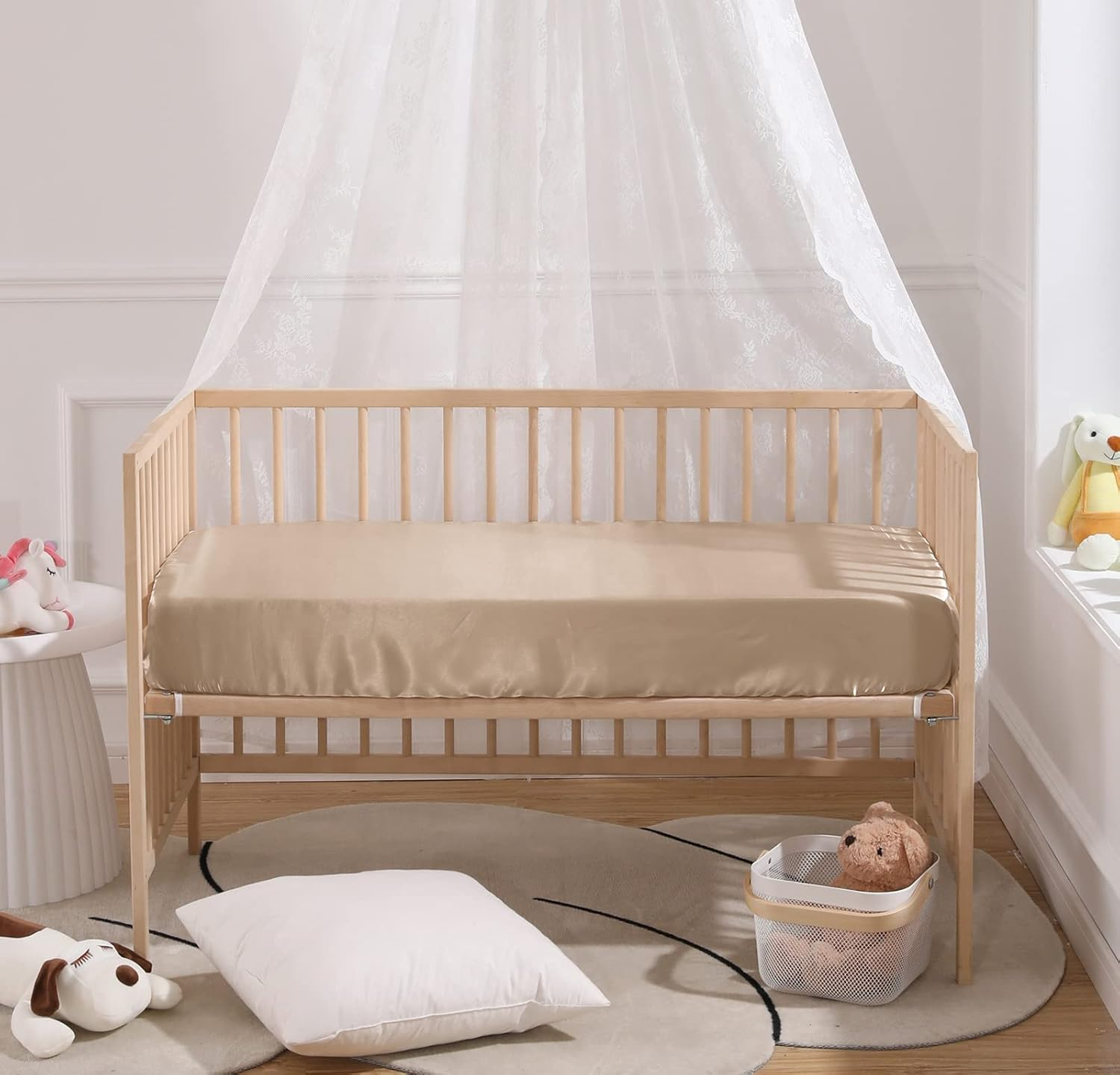 Siinvdabzx Satin Crib Sheets for Baby Hair, Silky Soft Beige Crib Fitted Sheets for Standard Crib and Toddler Mattress, 28 X 52 X 8In (Pack of 1) image number 1