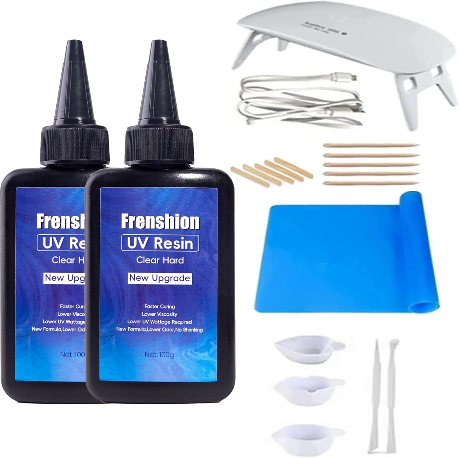 Frenshion UV Lamp+200G Upgrade Formula Low Viscosity Hard UV Resin+ Mat+Tool, UV Resin Starter Kit for Jewelry Earrings Necklace Bracelet Making, Casting, Coating and DIY Craft