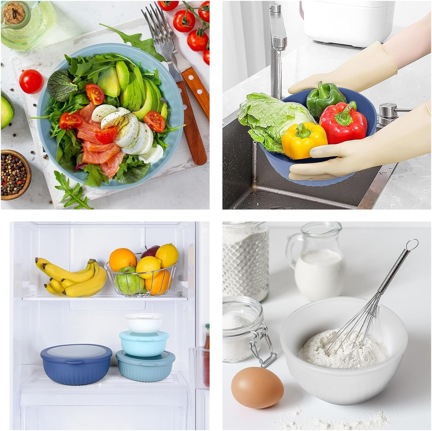 VINATO Salad Bowl with Lid, Set of 4, 0.4L/0.78L/1.4L/2.2L, Bpa-Free, Made of TPE + PP for Kitchen, Camping, Microwave, Dishwasher & Fridge Safe, Bowl with Lid, Salad Bowls image number 4