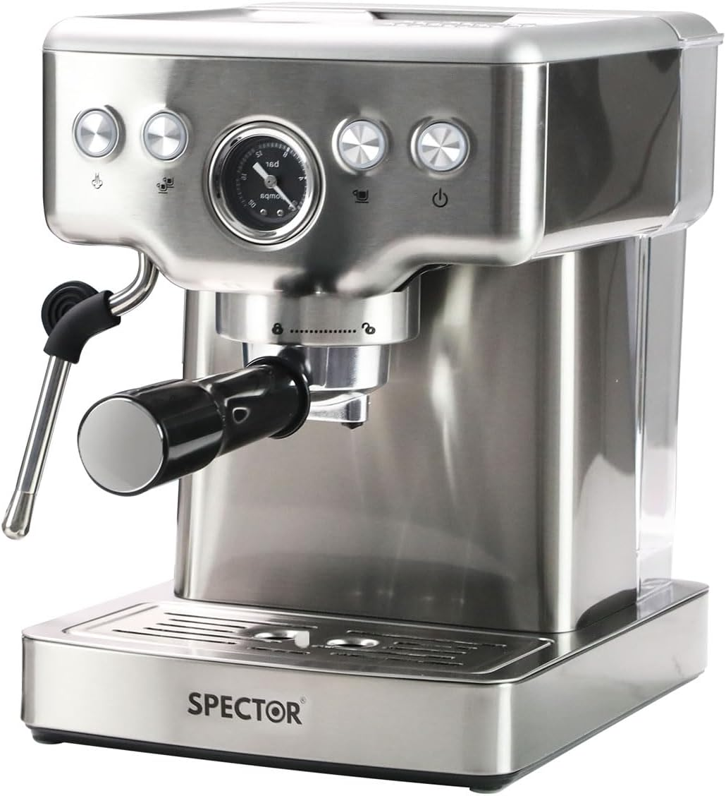 Spector Coffee Machine Espresso Latte Cappuccino Capsule Drip Coffee Maker Bean Grinder, LCD Pre - Soaking Feature - Steam Milk Frother 20 Bar Stainless Steel(21Cm X 26.5Cm X 29Cm, Silver)