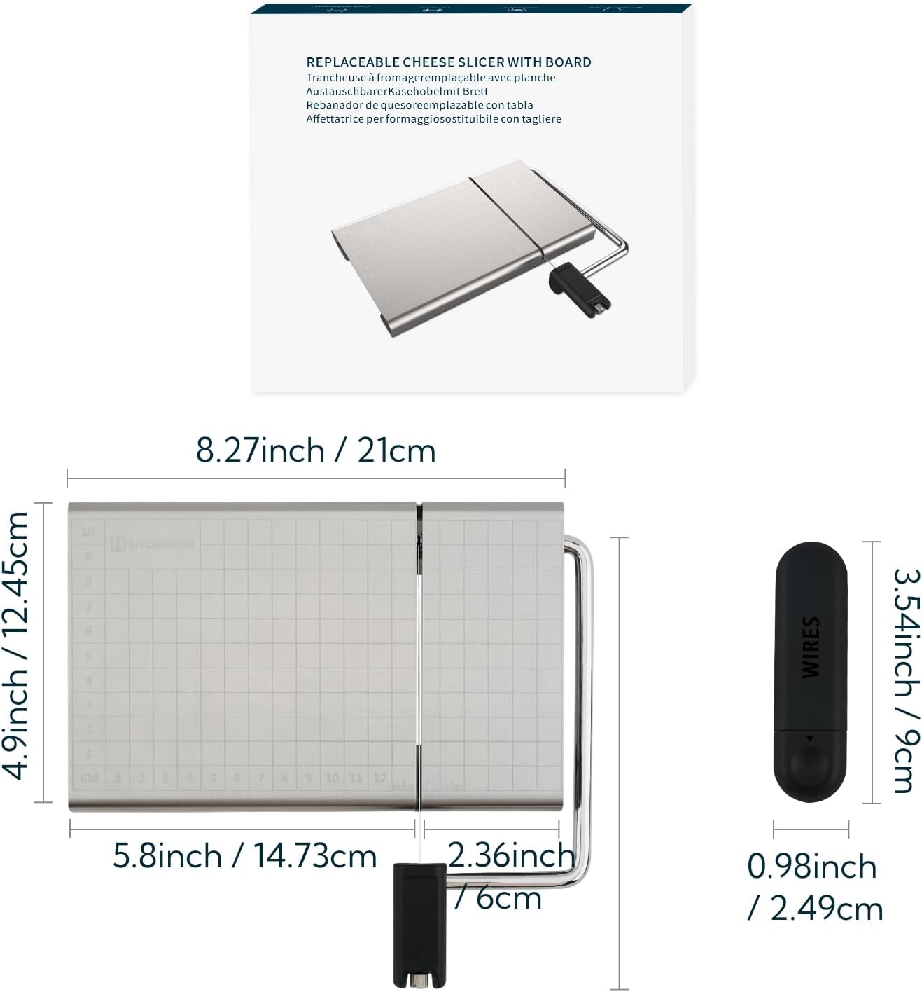 KITCHENDAO Replaceable Wire Cheese Slicer with Board and Measuring Grids,Tightness Adjustable Cheese Slicer, Stainless Steel Metal Cheese Cutter for Block Cheese, Dishwasher Safe, with 2 Extra Wires image number 1