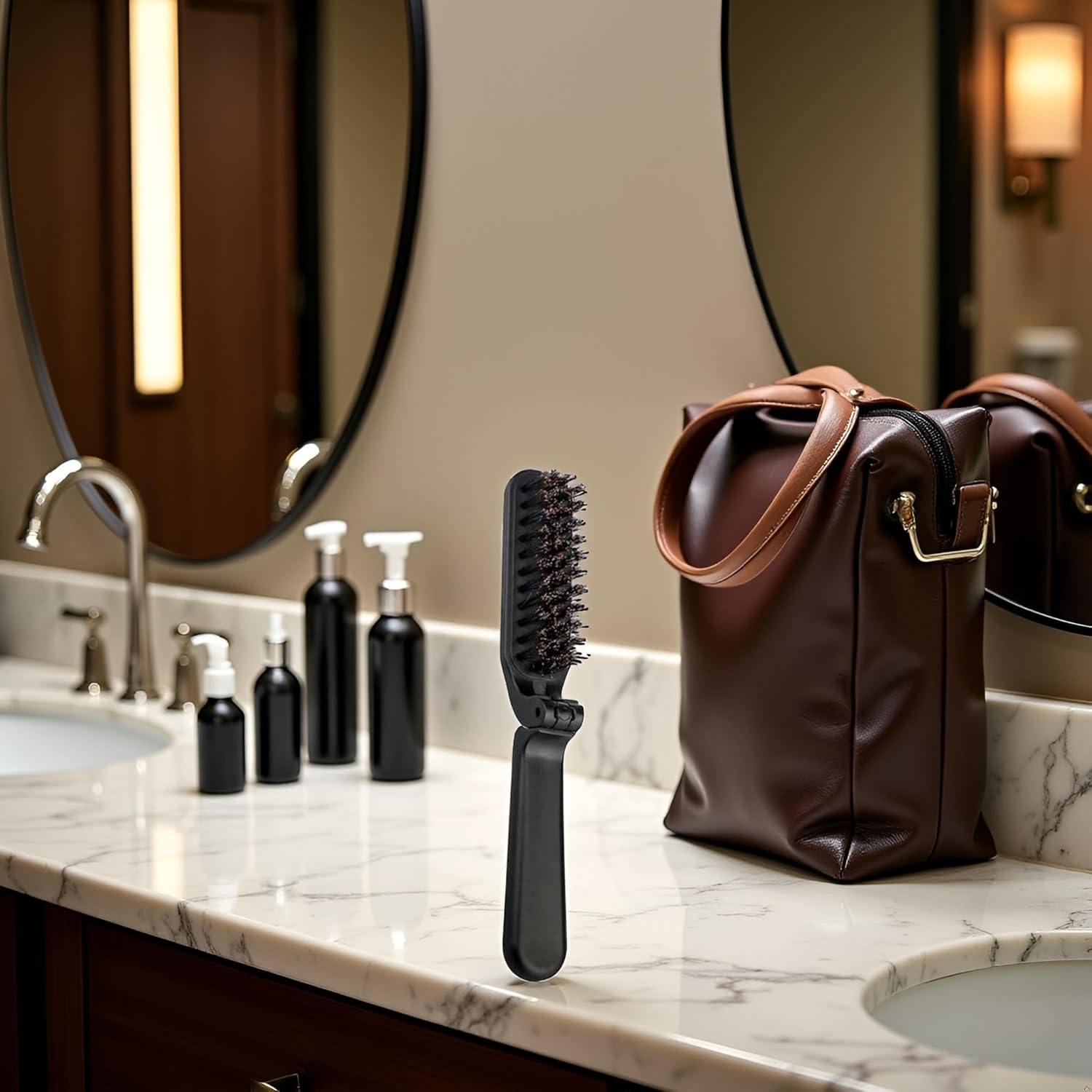 Black Travel Folding Boar Bristle Brush - Collapsible Anti-Static Pocket Hair Styling Tool for Women and Men, Hair Brushes image number 3