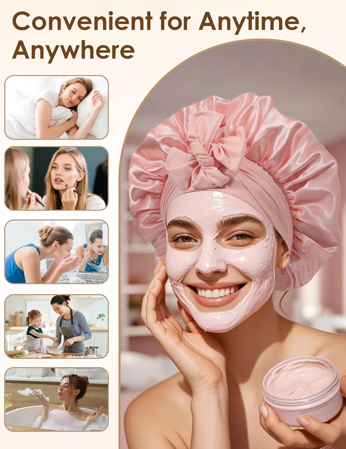 HAYAHARU 2 Pcs Silk Bonnet for Sleeping, Women Satin Bonnet, Silk Sleep Cap Double Layer Hair Hat with Tie Band, Elastic Wide Band Sleep Cap for Natural Curly Braids Hair - Khaki/Navy Blue image number 5