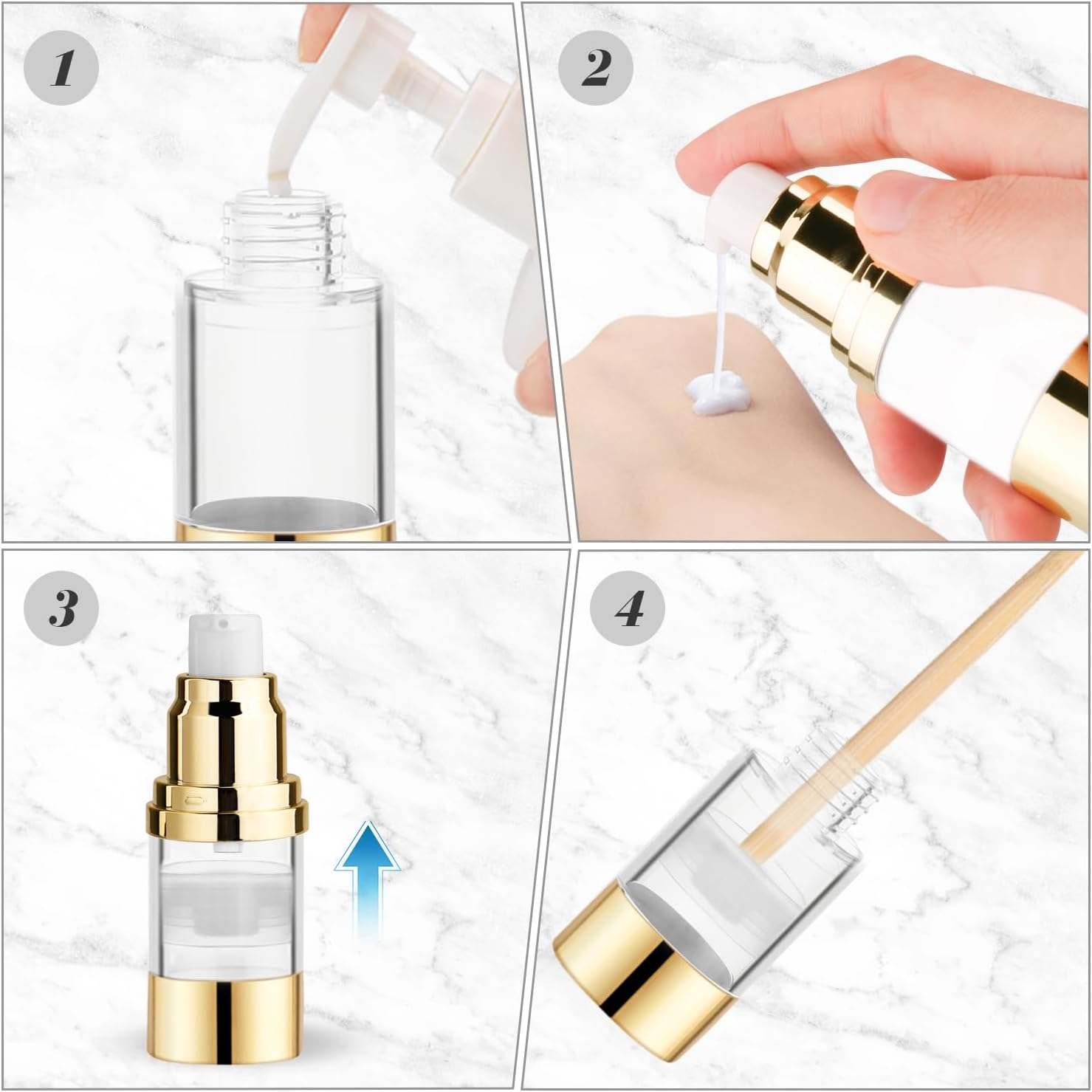 BOSMIOW 4Pcs 15Ml/0.5Oz Clear Plastic Airless Pump Bottles Empty Refillable Vacuum Pump Press Bottles Travel Size Cosmetics Sample Storage with Golden Pump Head for Lotion,Shampoo,Hand Soap,Face Cream image number 4