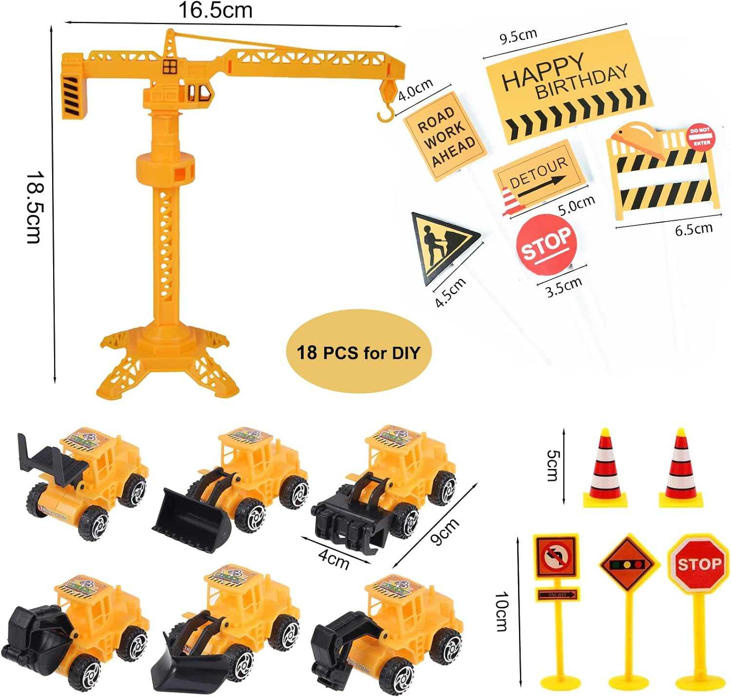 18 PCS Construction Cake Toppers Vehicles Cake Decoration Set Excavator Tower Crane Cupcake Topper Traffic and Road Sign Decor Happy Birthday Party Supplies Favors for Kids Boys image number 4