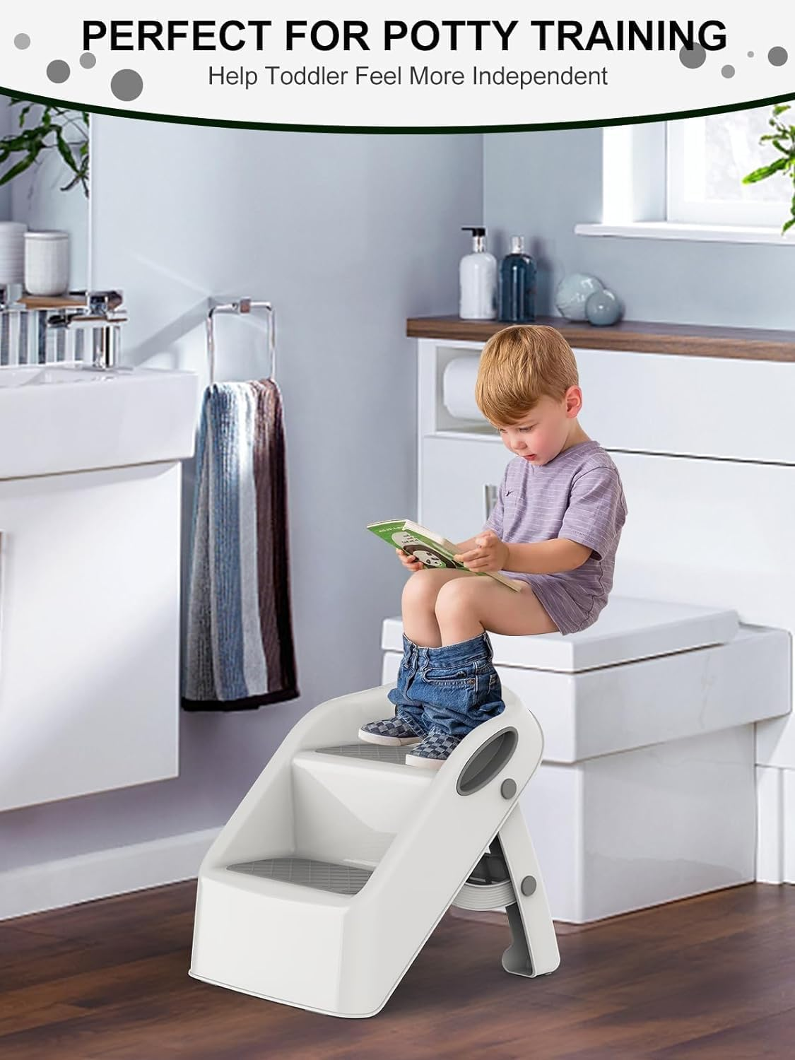 Fohouse Toddler Step Stool for Bathroom Sink, Foldable Kids Step Stop for Kitchen Sink, Toilet Step Stool Toddler,2 Step Stool for Child Kitchen Counter & Kids Toilet Potty Training (White) image number 3