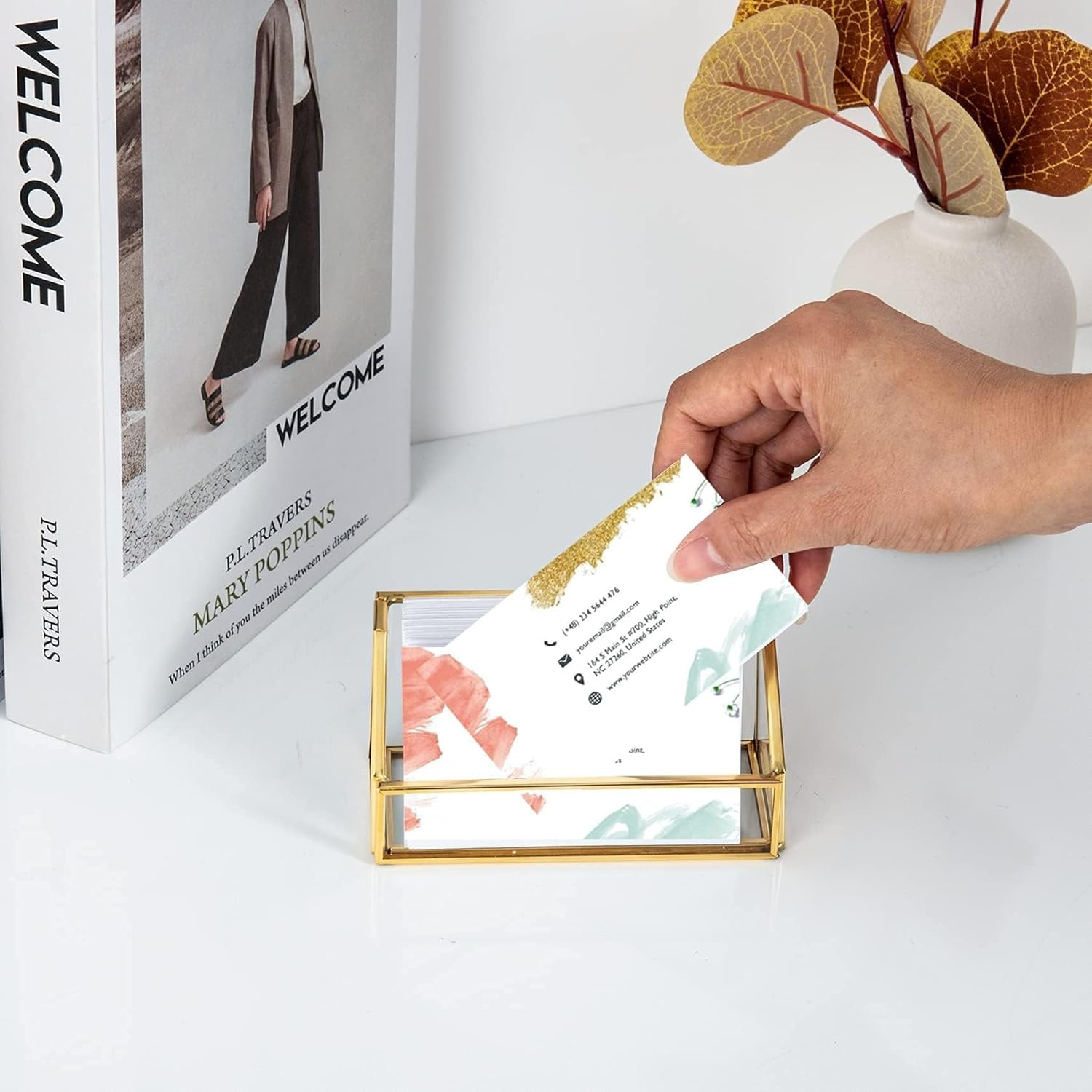 Feyarl Glass Business Card Holder Stand Gold Office Name Card Display Business Card Organizer Storage for Office Desktop Countertop (Gold) image number 3