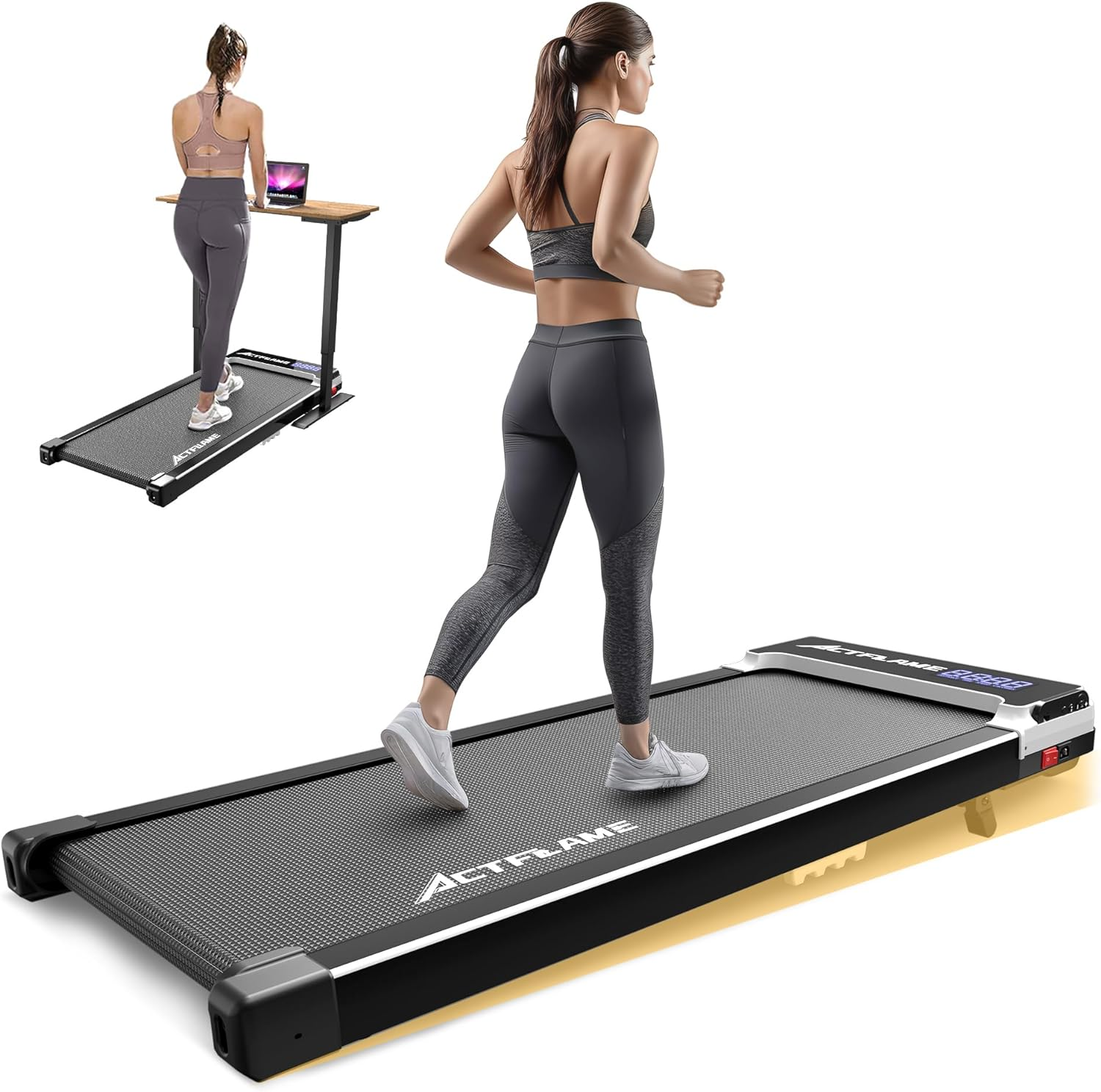 ACTFLAME Walking Pad under Desk, Portable Treadmill for Home and Office, 2 in 1 with Remote Control, 120KG Capacity, 2.5HP Compact with LED Display for Running