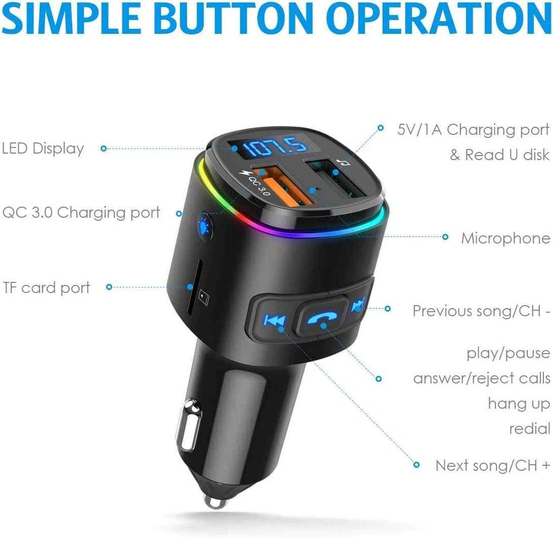 Bluetooth FM Transmitter for Car, QC3.0 Charging, Dual USB Ports, 7 Color RGB LED Backlit Bluetooth Car Adapter, Support Siri Google Assitant, U Disk, SD Card, Hands-Free Car Kit image number 1