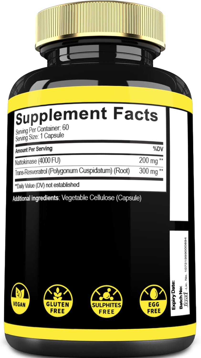 Nattokinase Supplement 4000 FU 200Mg with Trans-Resveratrol - 60 Capsules - Non-Gmo, Gluten Free image number 5