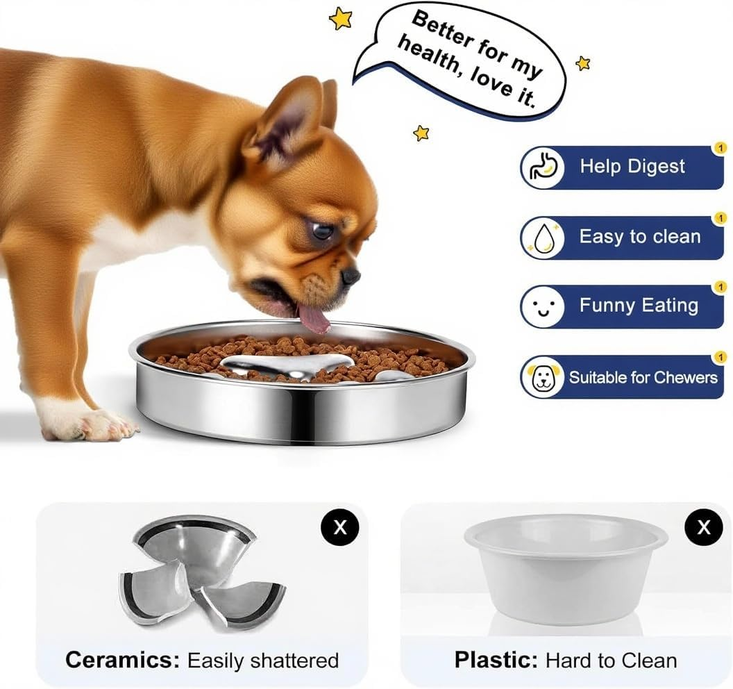 Aruie Slow Feeder Dog Bowls 304 Stainless Steel, 2 Cups Metal Food Bowls, Water Bowl for Small & Medium Sized Dogs, Fun Bloat Stop Pet Fast Eaters image number 1