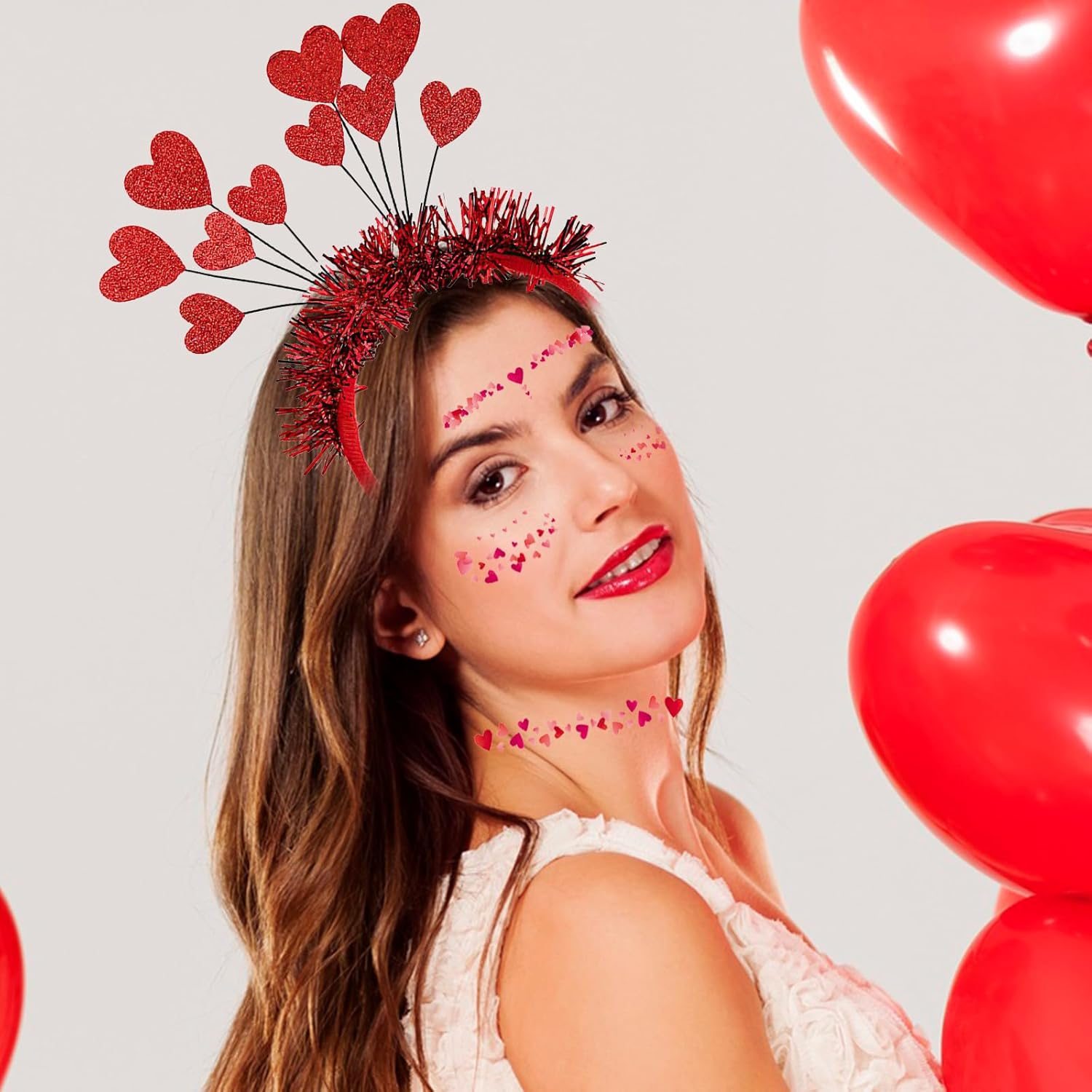 Heart Headband Glitter Headband with Heart + Heart Face Sticker, Heart Headband Red, Heart Face Sticker Face Tattoos, Red Hearts Headband Children Girls for Valentine'S Day Carnival Halloween image number 6