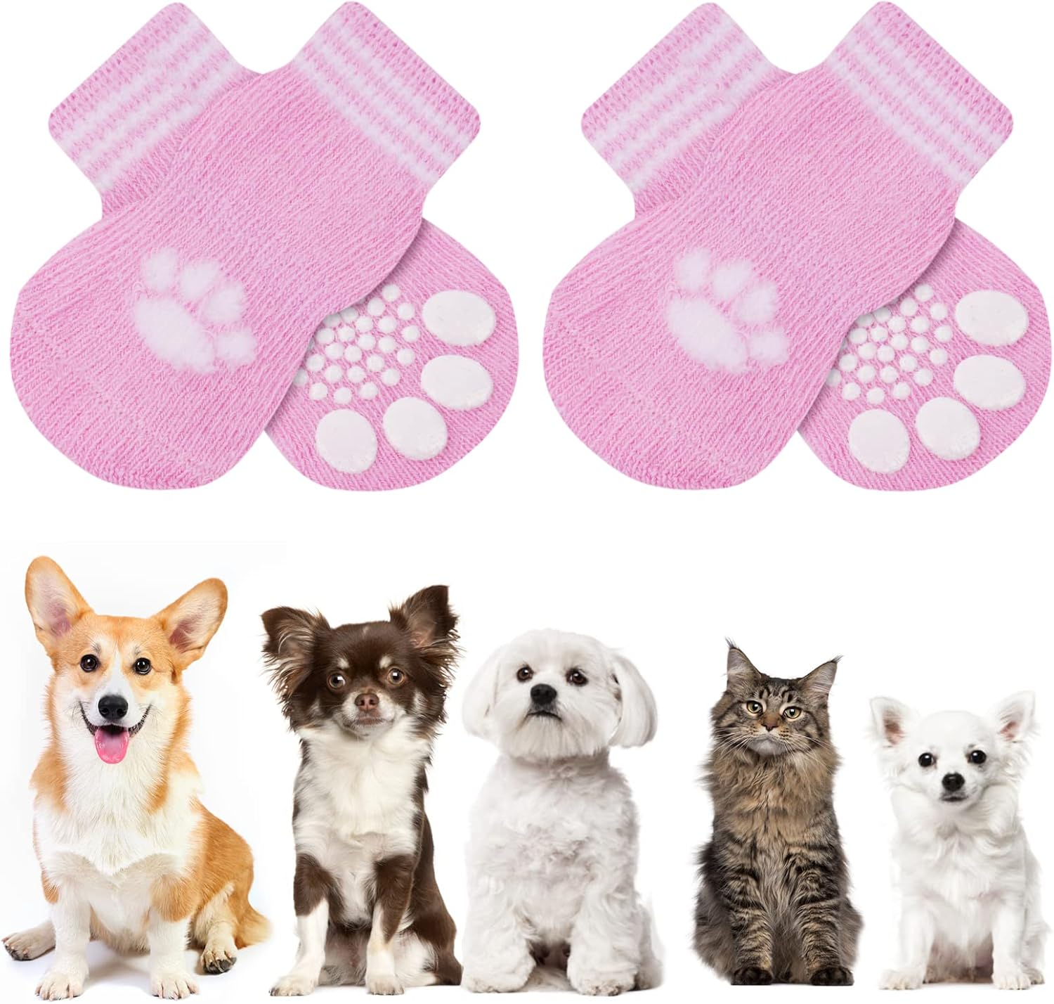 AUAUY anti Slip Dog Socks, Pet Paw Protector, Suitable for Small Medium Dogs and Cats Indoor Outdoor Walking (M-Pink)
