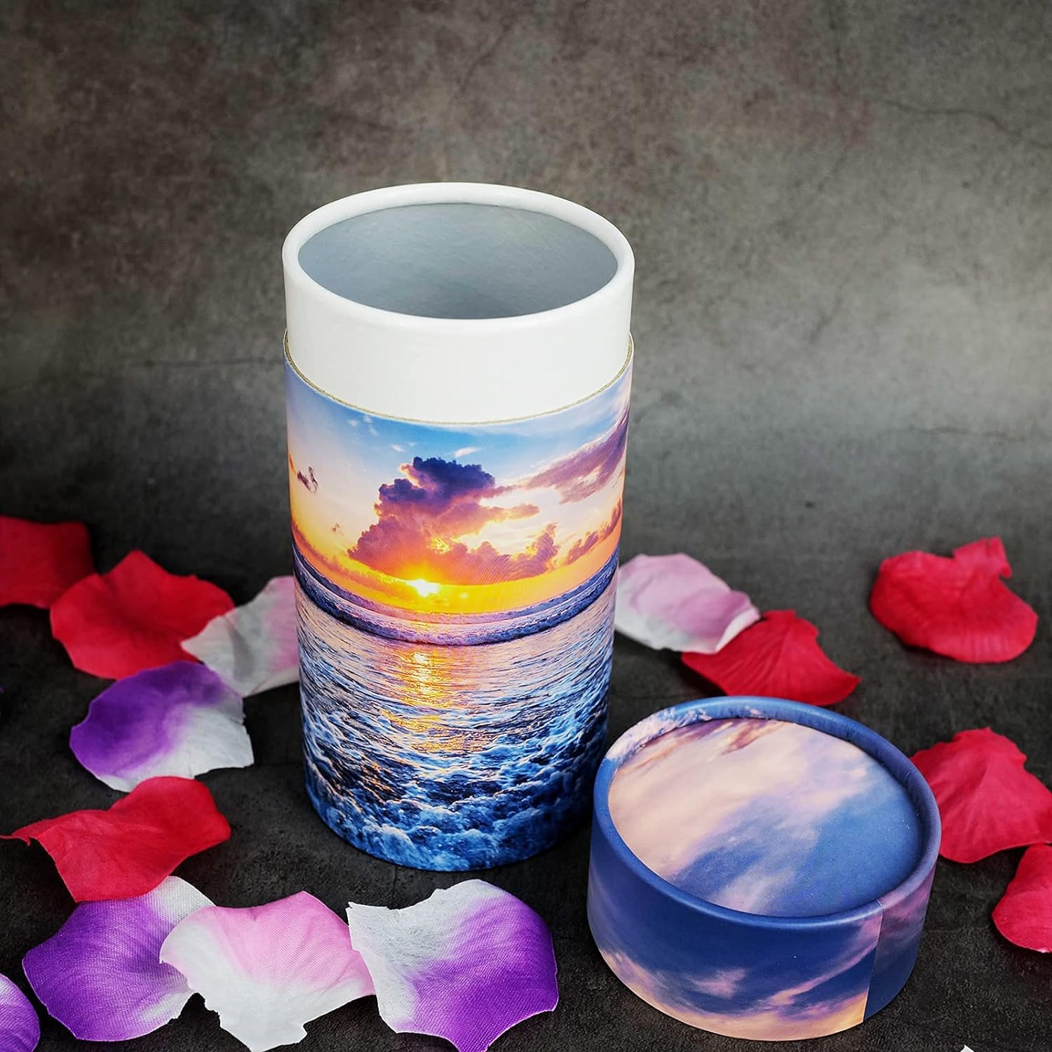 40 Lbs Small ECO Scattering Tube Urn for Human Ashes, Biodegradable Decorative Spreading Cremation Urn for Adult Male Female Pet Dog Cat Ashes, Including ECO Artificial Flowers(Sea&Beach Sunset) image number 2