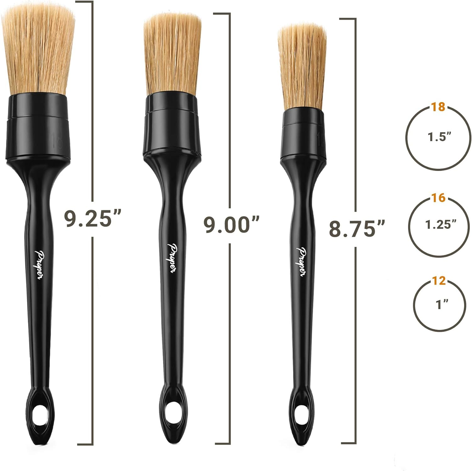 Proper Detailing CO. Car Detailing Brush Set, 3 Pack Natural Boars Hair Detailing Brushes, Clean Interior or Exterior, Wheels, Tires, Engine Bay, Leather Seats, Car Detailing Kit, Detailing Brush image number 1