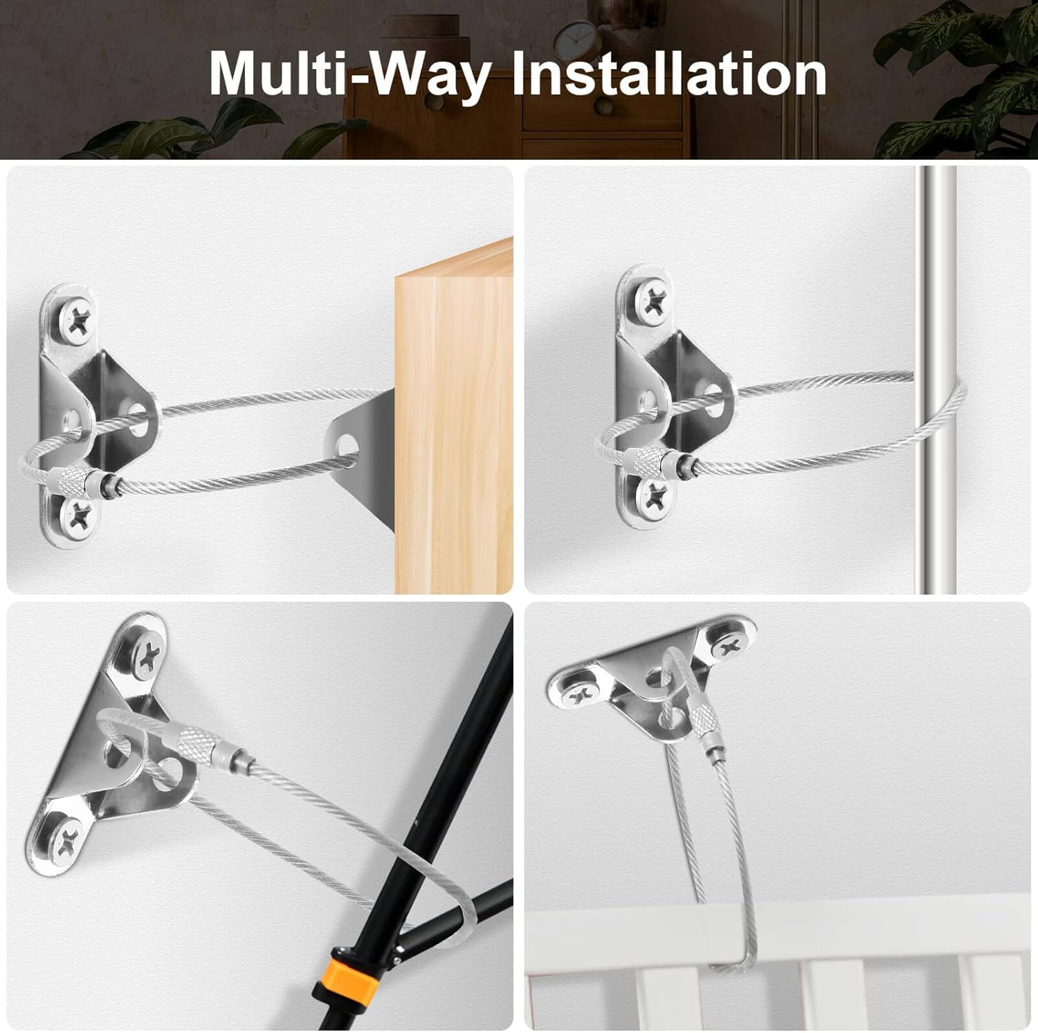 10 Pcs Furniture Anchors, Baby Proofing, Anti-Tip Metal Baby Furniture Straps, Baby Safety Wall Anchor, for Cabinet, Wardrobe, Drawers, Dresser, Bookshelf(400Lbs Tension) (Silver) - Black image number 2