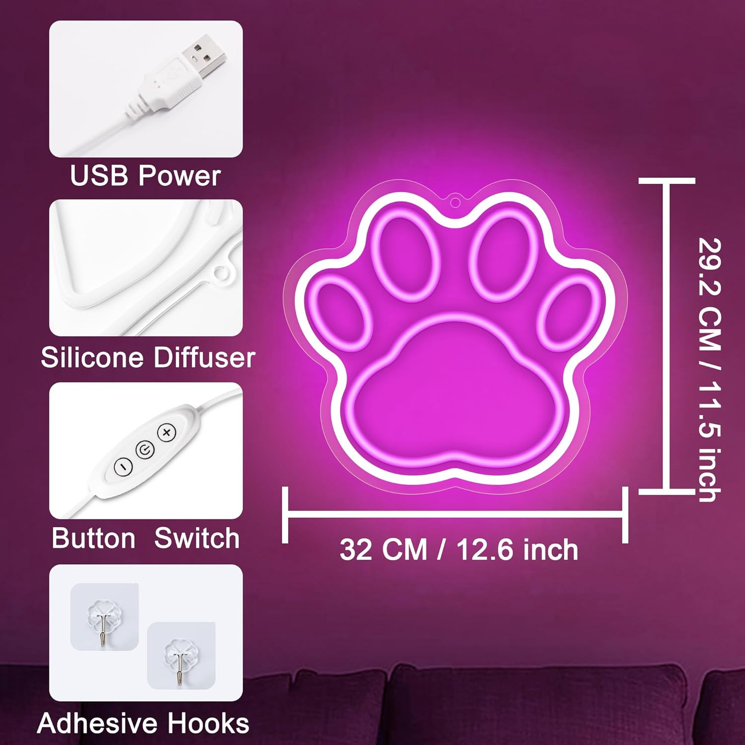 Pink Neon Sign for Wall Decor,Anywin Cute Paw Neon Signs USB Led Lights with Dimmable for Home Decor, Neon Decor Gifts Birthday, Party, Christmas Day, Holidays for Bedroom Kidsroom Living Room - Cat image number 2