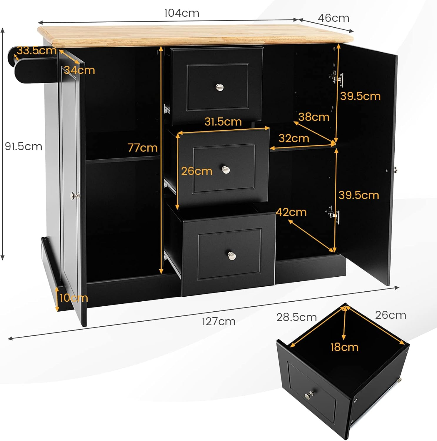 Costway Large Mobile Kitchen Island Cart, Kitchen Island on Hidden Wheels, Rubber Wood Countertop, 3 Deep Drawers, 2 Enclosed Cabinets with Adjustable Shelves, Side Towel Bar & Spice Rack (Black) image number 5