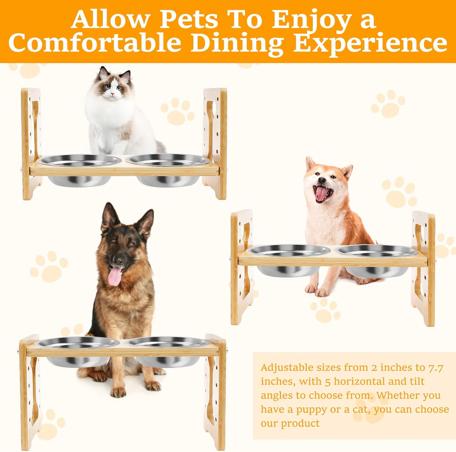 Elevated Dog Bowls, 5 Adjustable Heights Raised Dog Bowl Stand, Ranging from 2 Inches to 7.7 Inches, with 2 Stainless Steel Bowls and anti Slip Feet, for Small Medium Large Pets Dogs Cats image number 4