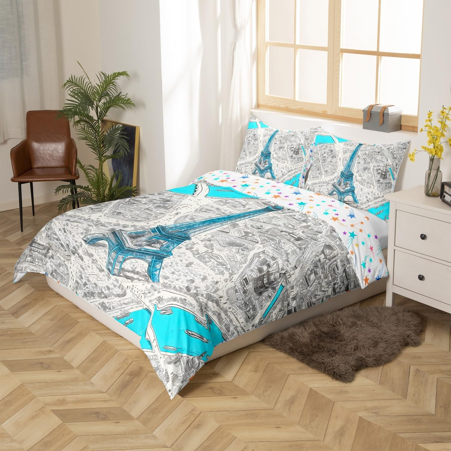Jejeloiu Kids Eiffel Tower Bedding Set Full Size Paris Comforter Cover Set for Boys Girls French Cityscape Map Blue Duvet Cover Bedspread Cover Room Decor Quilt Cover,No Stuffing image number 2