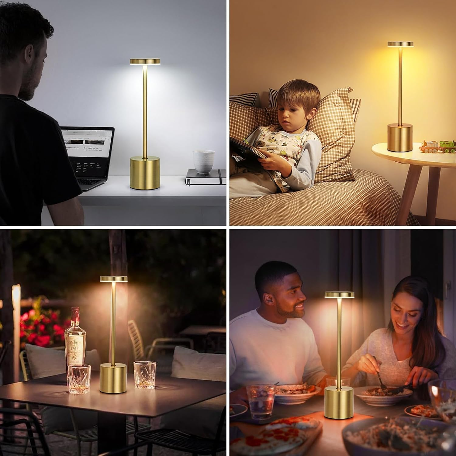 Gold Cordless Table Lamp, 2PCS Rechargeable 5200Mah Battery Operated Touch Desk Lamp, 3 Color Stepless Dimming up Bedside Lamps, Portable LED Small Desk Light for Bedroom/Restaurant Lighting (Gold) image number 6