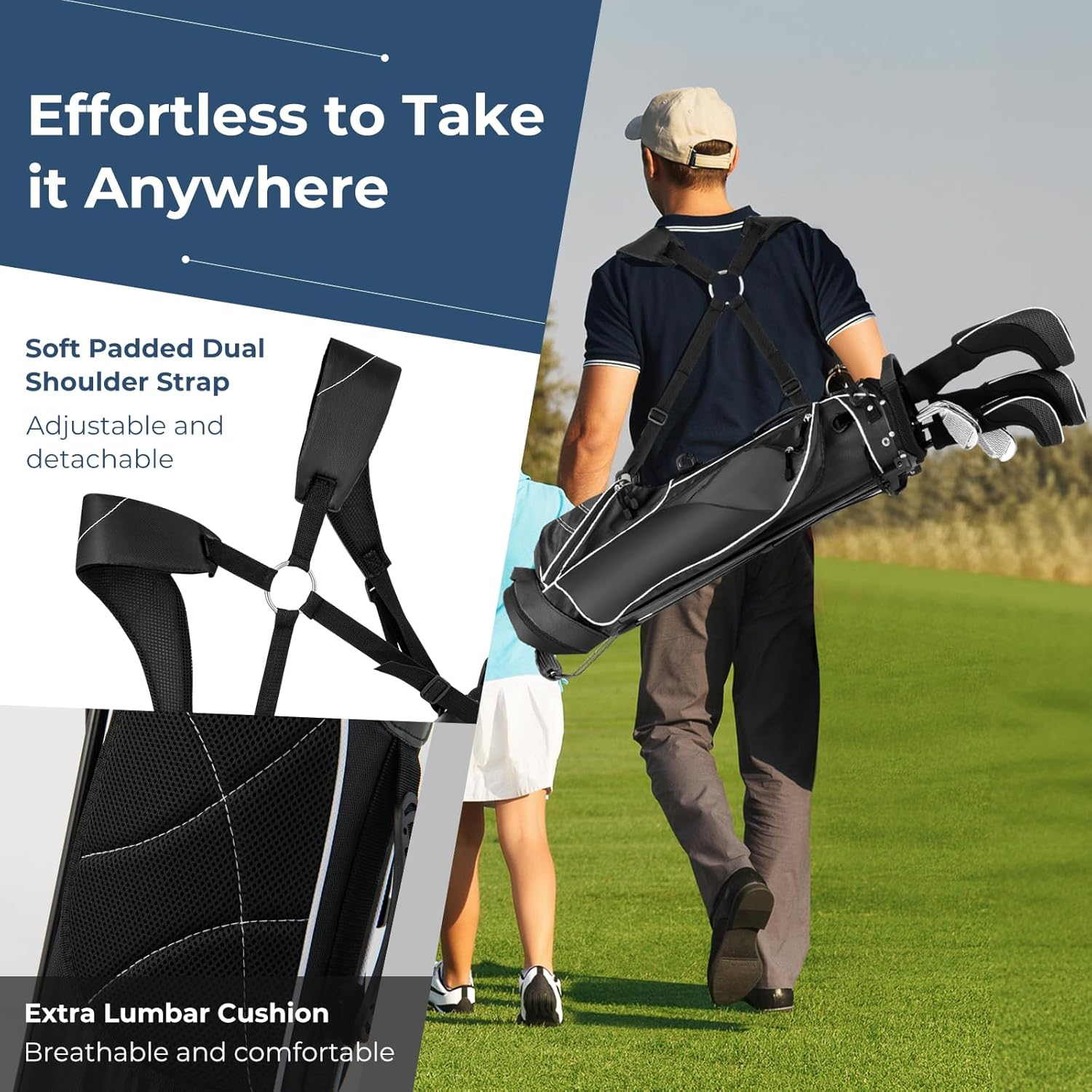 Costway Golf Stand Bag, Ultra Lightweight Golf Bag with 4-Way Top Dividers, Adjustable Dual-Strap, Foldable Bracket, Handles, Outer Pockets for Extra Storage, Easy Carry Golf Clubs Carrier, Ideal for Golf Course & Travel - Navy image number 3
