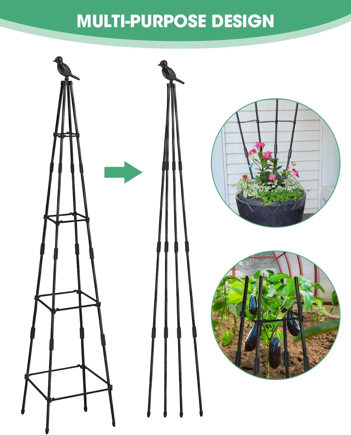 Trellis for Climbing Plants Outdoor, 2 Pack Plant Trellis Support for Climbing Vine, Plant Support Tower Cages Plastic Coated Metal Pipe Supports for Outdoor Indoor,Tomato Cage (Black, 6 FT) image number 2